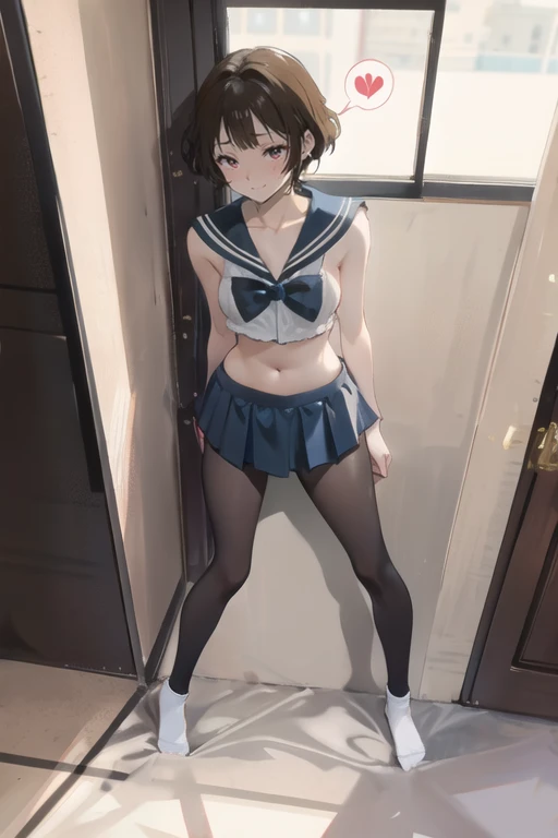 (masutepiece, Best Quality, Ultra-detailed, 8K, Wallpaper, Photorealistic), ((Perfect hands)), ((Perfect Anatomy)), medium cleavage, concrete abandoned building、 ((Attractive anime 1 girl)), ((Rei Ayanami)), ((Capturing her ethereal beauty with pale skin, The dense indigo short hair is impressive)),clean detailed faces、kindly smile、Look at viewers、 ((Bright red eyes)), (( high school uniform))、(white panties), ((medium shot, From below)), Kamimei