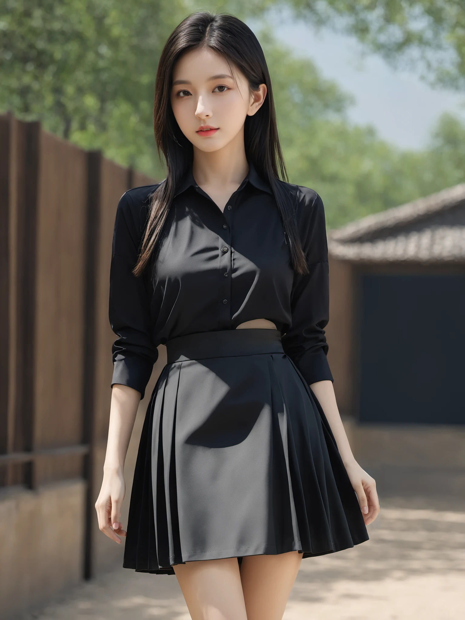 Realistic,Masterpiece,18 - year - old , Super High Resolution, (reality: 1.4) , 1girl, full body shot, Half skirt, shirt, black color, outdoor, realistic,hands,realistic,depth of field,  wearing majien <lora:Jay-MajienXL:1>, (best quality:1.3)