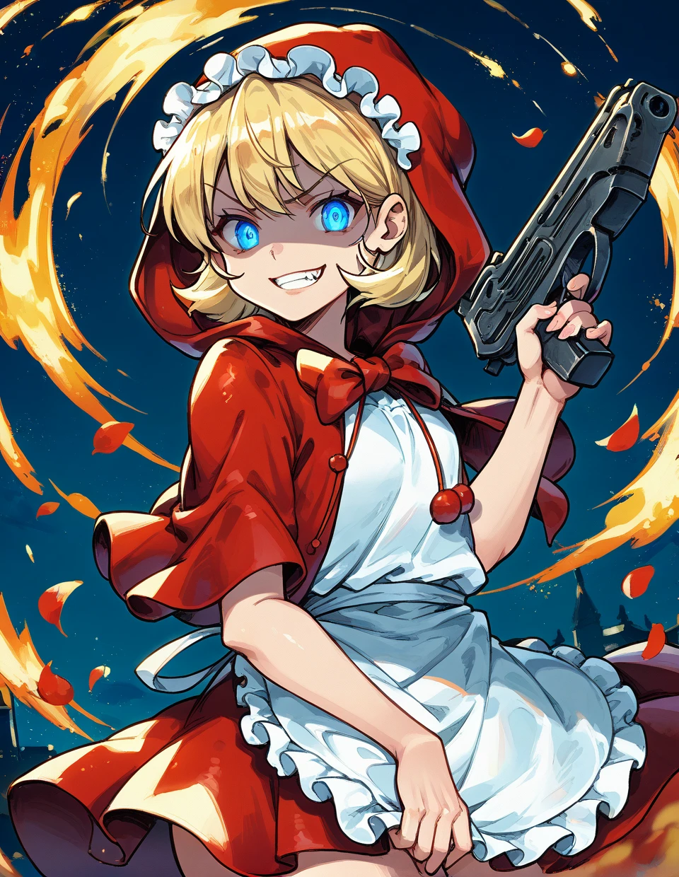 1girl,solo,<lora:bulleta_pony:1>,bulleta,blonde hair,blue eyes,
little red riding hood (grimm) (cosplay),red dress,red hood,red capelet,apron,looking at viewer,fang,glowing eyes,shaded face,evil grin,gun, score_9,score_8_up,score_7_up,score_6_up,score_5_up,score_4_up,