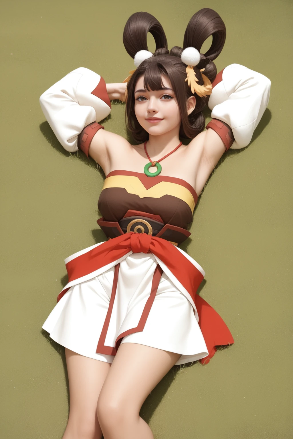 score_9, score_8_up, score_7_up, masterpiece, high quality, BREAK mature woman
<lora:Yuan erPonyLoRA:0.8>yuaner, short hair, hair ornament, bangs, necklace, hair rings, bare shoulders, dress, detached sleeves, long sleeves, waist sash, pelvic curtain, shorts, smile, laying in the grass, hands behind head