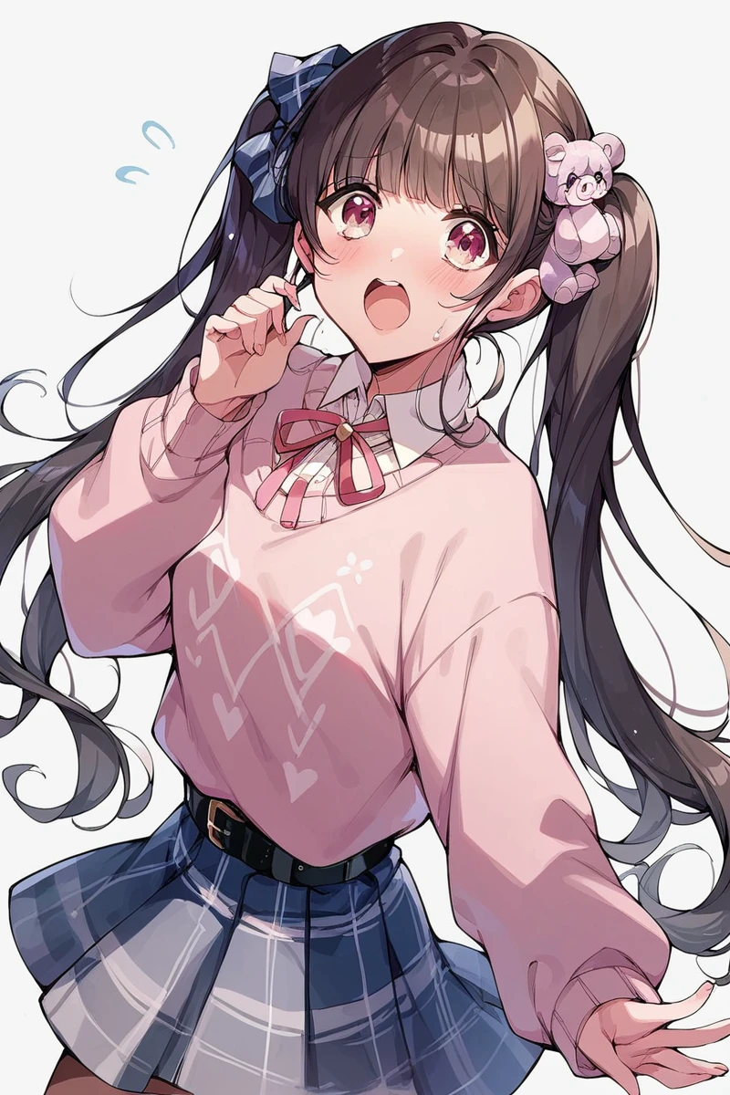 score_9, score_8_up, score_7_up, score_6_up, 1girl,
<lora:Kaibara_Michiru:0.9> michiru, twintails, long hair, bangs, pink sweater, blue plaid skirt, hand up, open mouth, nervous,