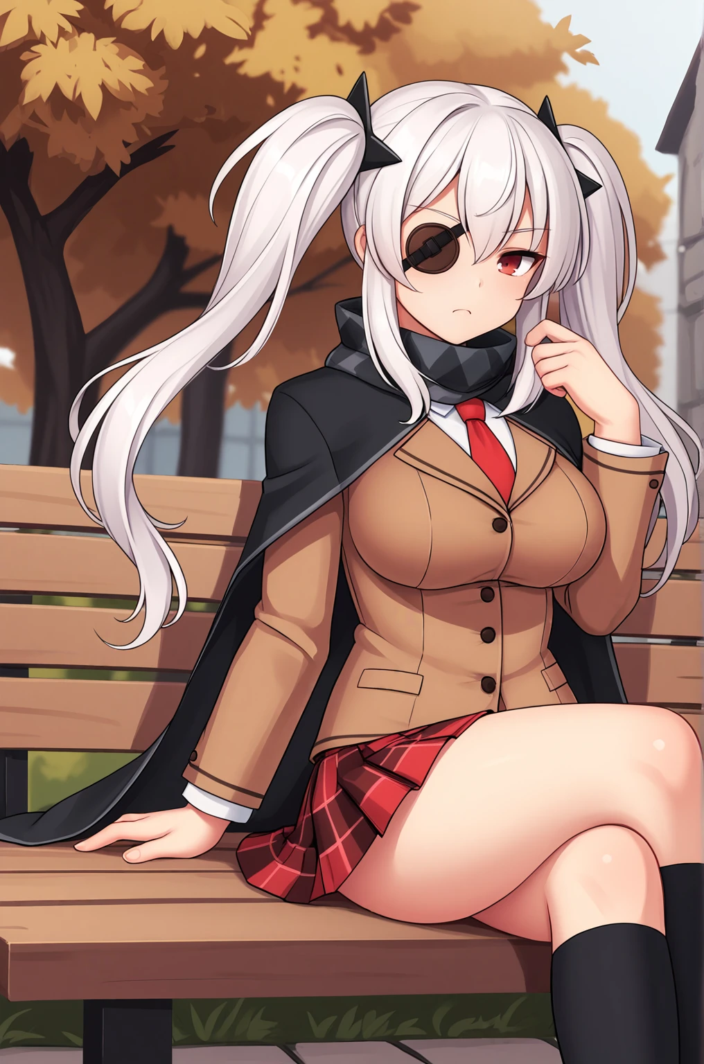 anime artwork, score_9, score_8_up, score_7_up, source_anime, BREAK, thick outline, fat outline,
Yagyu XL, red eye, eyepatch, white hair, long hair, twintails, shuriken hair clips, black hair clips, large breasts, BREAK, Yagyu_shinobi, brown jacket, white shirt, red necktie, black cape, scarf with triangular patterns, plaid pleated skirt, black kneehighs, brown loafers, BREAK, outdoors, sitting, bench, crossed legs,
<lora:Yagyu_XL:0.7>
<lora:PersonalAmi_PonyXL:1>