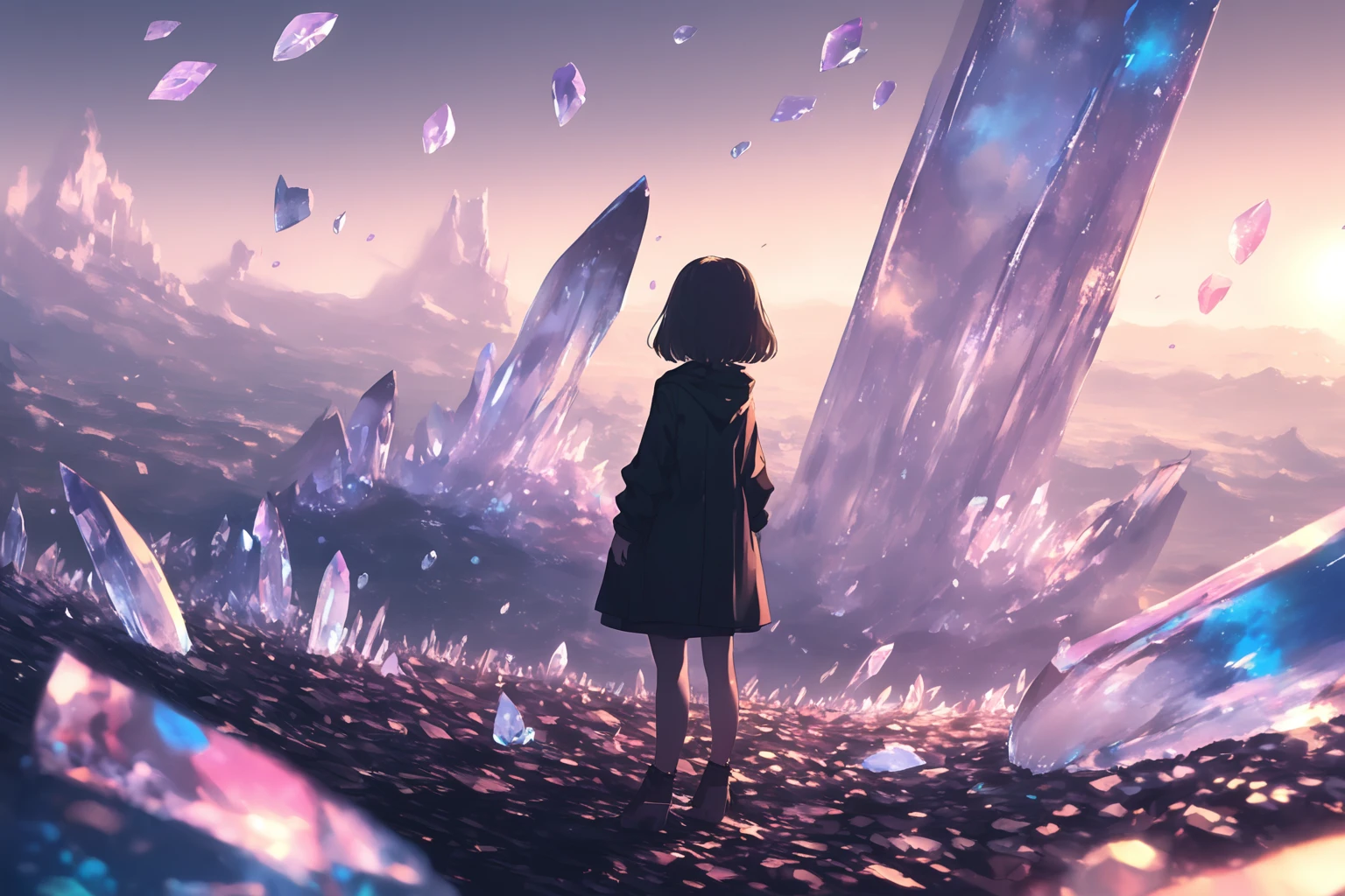 A girl stands amidst scattered glass shards, surrounded by a beautifully crafted and expansive world. The scene is depicted from a dynamic angle, emphasizing her determined expression. The background features vast landscapes with floating crystals and soft, glowing lights that create a mystical and grand atmosphere.
