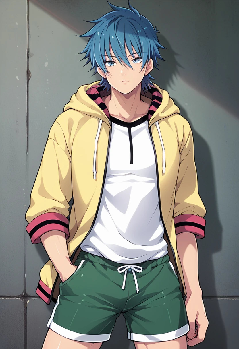 score_9, score_8_up, score_7_up, score_6_up, detailed, cowboy shot,best quality ,source_anime, male focus,
azuma, blue eyes, blue hair, solo, , hoodie, white shirt, green shorts,score_5_up<lora:EMS-405387-EMS:1.000000>