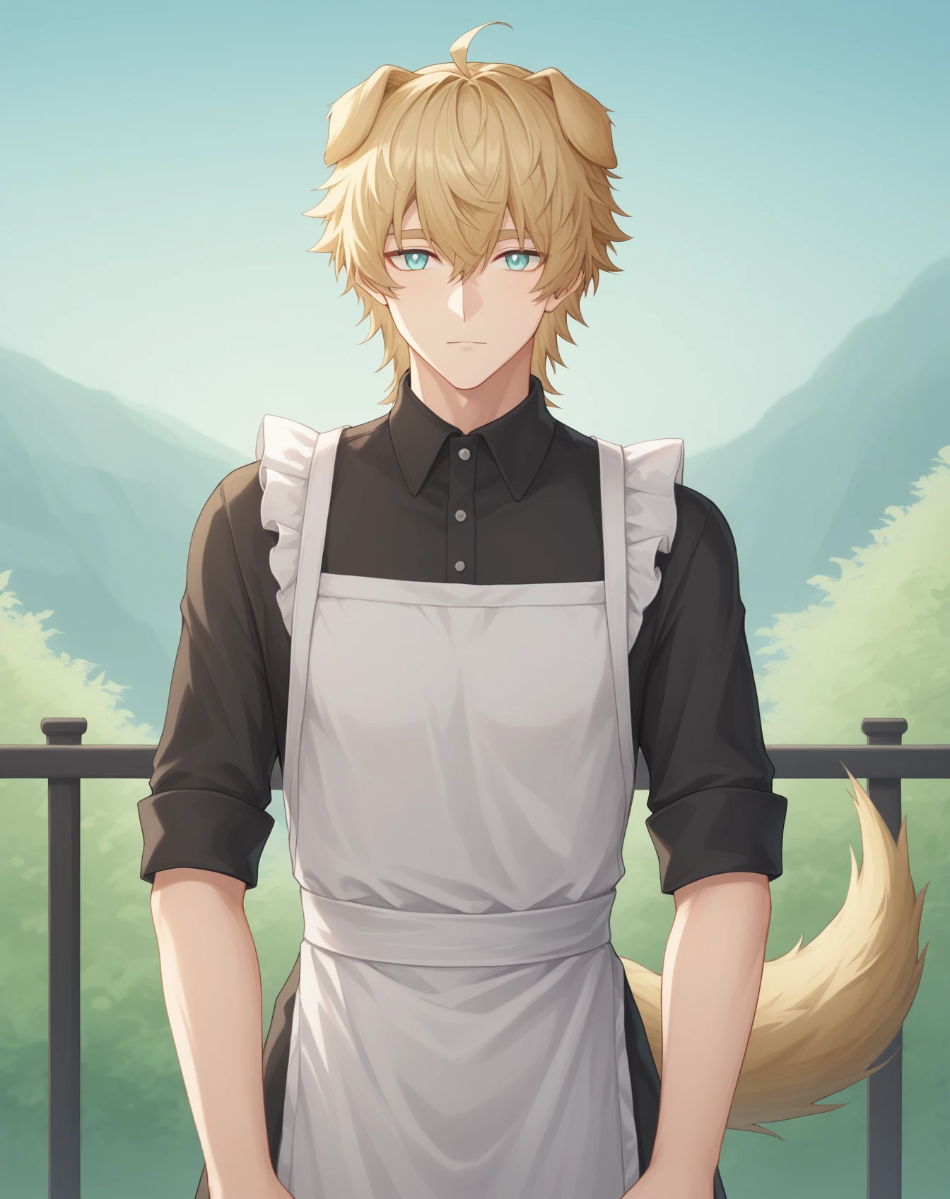 score_9, score_8_up, BREAK, <lora:Tequila_Pony__Arknights:0.8>, tequila_arknights, 1boy, dog tail, solo, male focus, cowboy shot, portrait, looking at viewer,  straight-on, maid apron, outdoors,