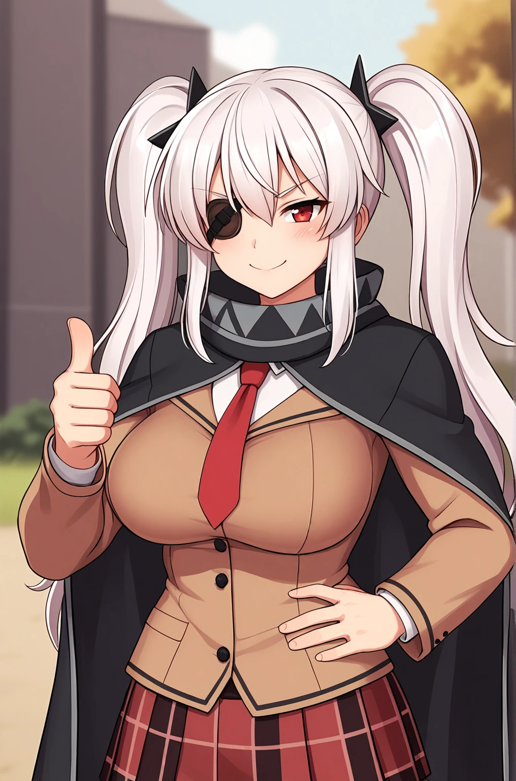 anime artwork, score_9, score_8_up, score_7_up, source_anime, BREAK, thick outline, fat outline,
Yagyu XL, red eye, eyepatch, white hair, long hair, twintails, shuriken hair clips, black hair clips, large breasts, BREAK, Yagyu_shinobi, brown jacket, white shirt, red necktie, black cape, scarf with triangular patterns, plaid pleated skirt, BREAK, outdoors, (thumbs up:1.3), arm focus, smile,
<lora:Yagyu_XL:0.7>
<lora:PersonalAmi_PonyXL:1>