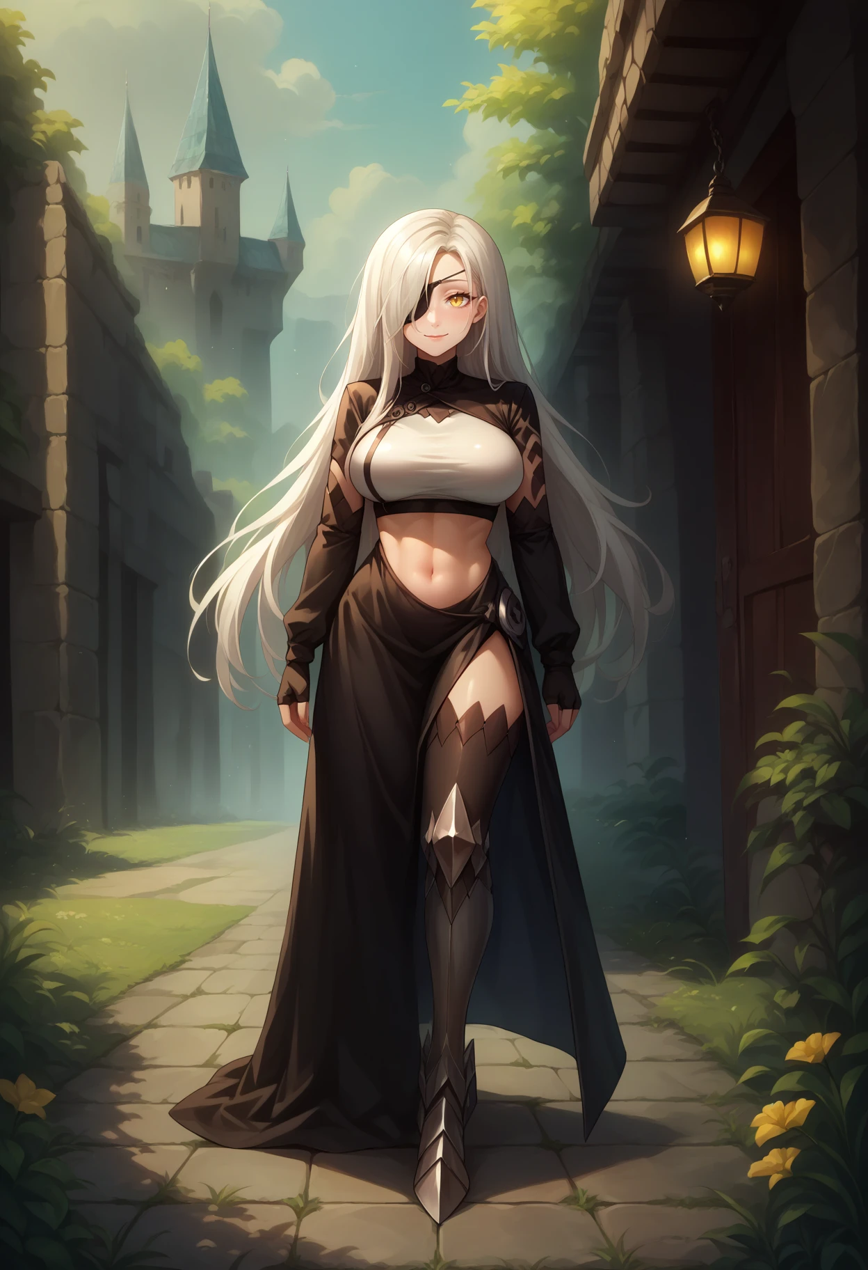 score_9,score_8_up,score_7_up,detailed,1girl,jeloalct,full body,outdoors,white hair,long hair,eyepatch,hair over one eye,yellow eyes,large breasts,long dress,black dress,long sleeves,fingerless gloves,black gloves,white crop top,clothing cutout,side slit,thigh boots,looking at viewer,seductive smile,<lora:Alchemist-JeloXL-000009:1>,