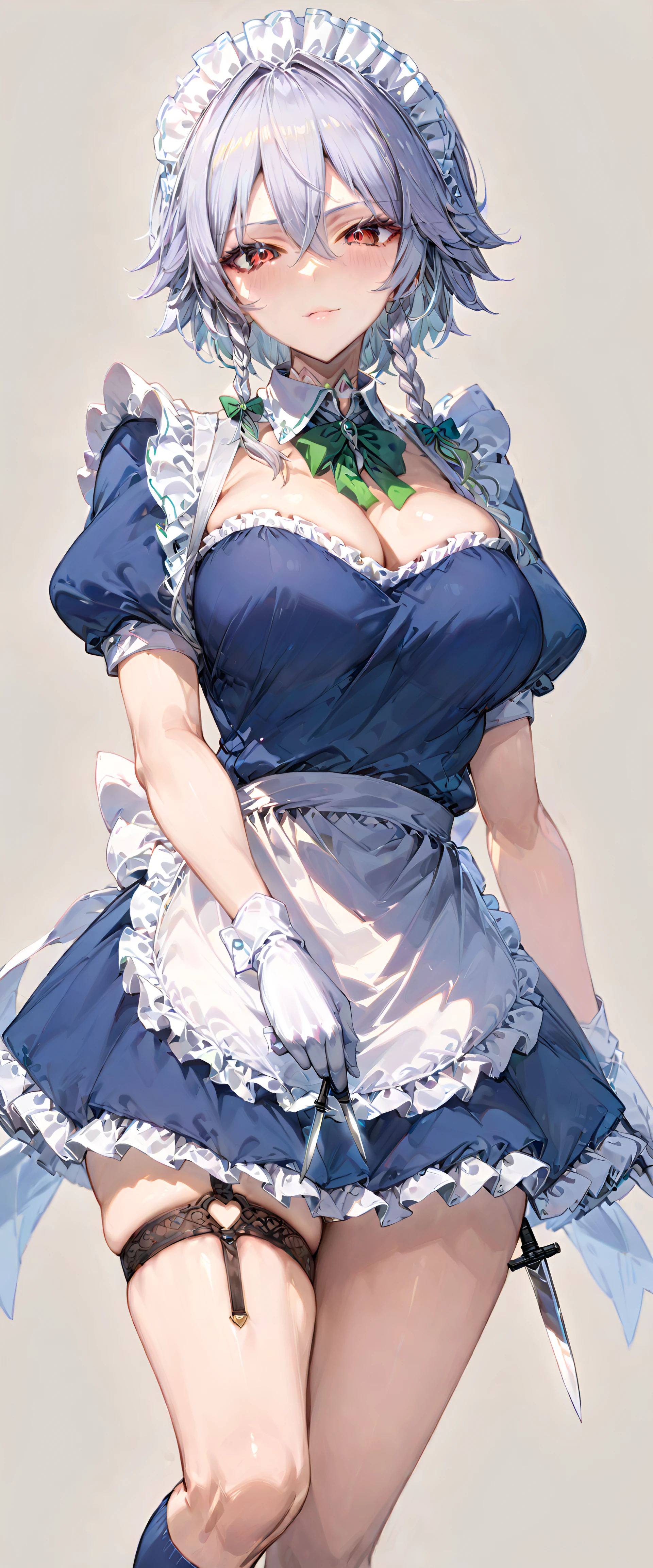 score_9, score_8_up, score_7_up,source anime, midriff, (simple background:2.0),izayoi_sakuya,twin_braids,puffy sleeves, breasts, socks, knife, apron, blue footwear, cleavage, dress, gloves, maid headdress,