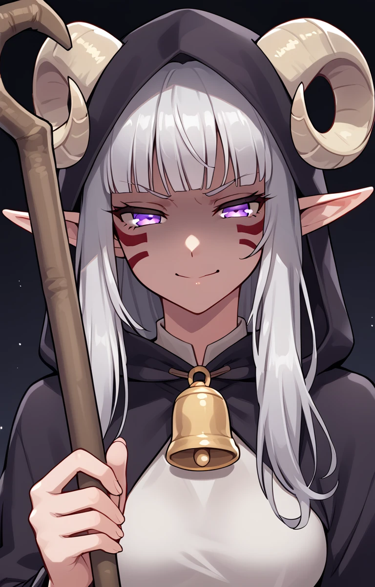 <lora:sheperds_Crook:0.8> holding sheperds_Crook, (((bell hanging on sheperds_Crook))):1.5, 1 girl,source_furry, score_7_up, rating_safe,  (a pair of brown sheep Horns that begin at her temples and curve back: 1.5), bangs,long silver hair long wavy hair, pale skin, claw red face paint below eyes:1.5, pointy ears, purple eyes:1.2, <lora:age_slider_v4:0.6>   medium breasts, skinny female, close up, silver hair <lora:Tieflingnew weird fantasyDND:0.3> Tiefling, pointed ears, horns, angry, half-closed eyes:1.5, smile mouth:1.2,<lora:Smooth Style 2 SDXL_LoRA_Pony Diffusion V6 XL:0.5>  shepherd's crook, robe, hood off, <lora:Nanoless_Artist_Style_PonyXL:0.3> , shaded face:1.2,