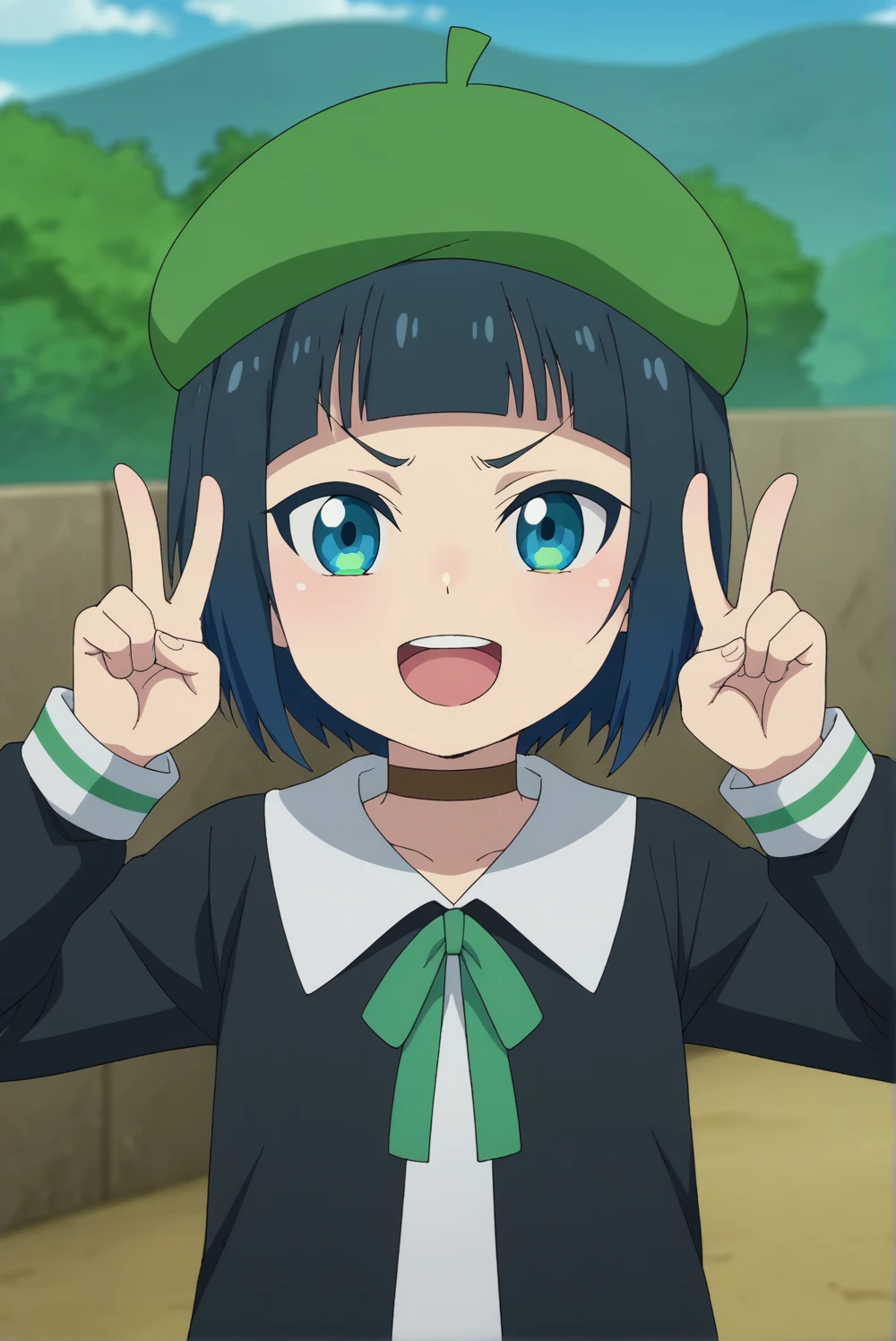 <lora:Akira_Shinonome:0.8>, Akira Shinonome, 1girl, blue eyes, black hair, hat, blue hair, choker, blunt bangs, blurry, hands up, v, upper teeth only, beret, green headwear, double v, v over eye,