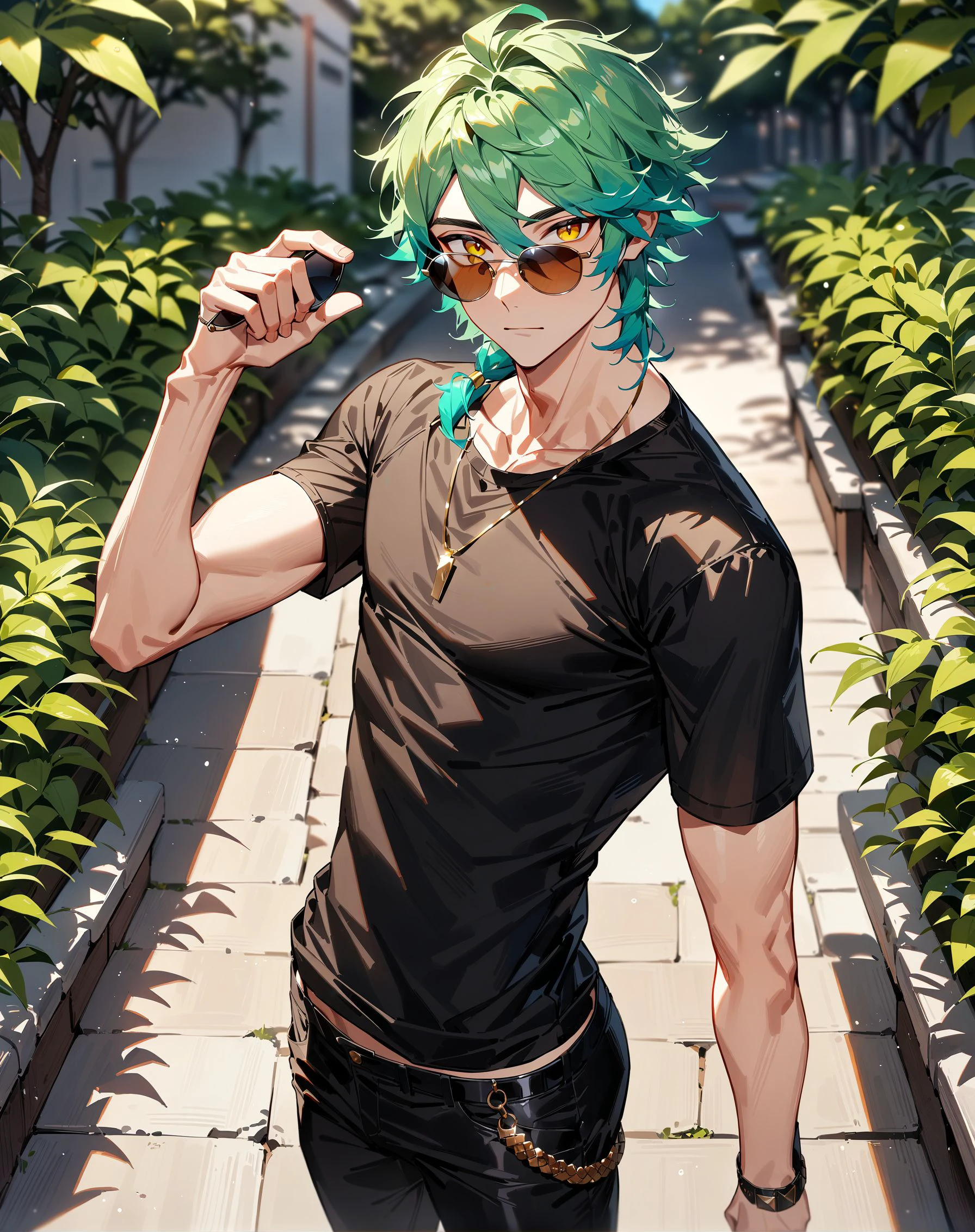 1boy, solo, male only, male focus, cowboy shot, <lora:ezreal_sdxl_lora:0.8>, (ezreal, green hair, yellow eyes), sunglasses, shirt, pants, black shirt, black pants,  outdoors, looking at viewer, masterpiece, best quality, very aesthetic, absurdres, very detailed, sensitive, <lora:Lightning-8:0.5>