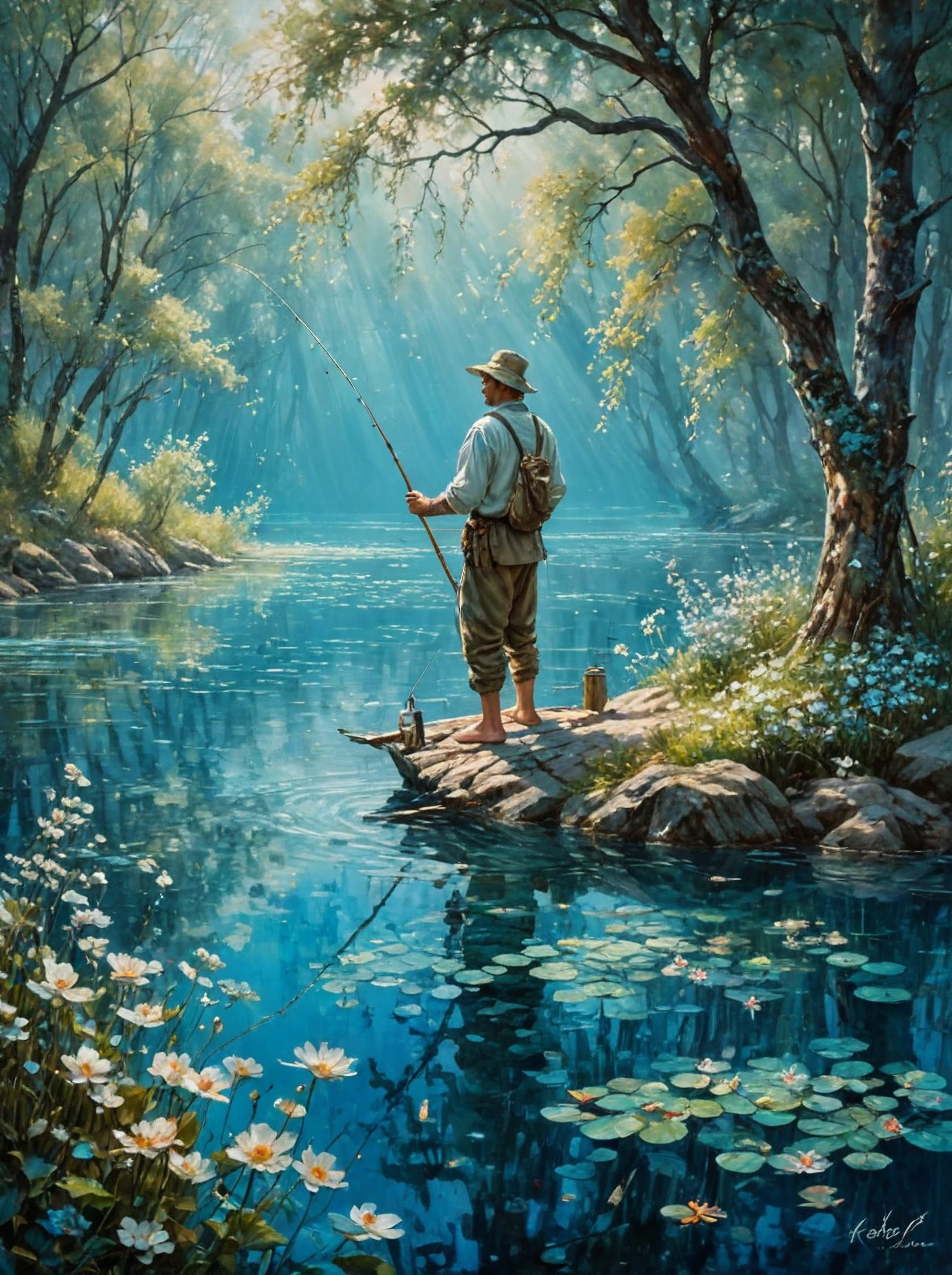 a fisherman,lake,cristal clear water,beautiful trees,beautiful flowers,blue light,romanticism art,(landscape art stylized by Karol Bak:1.3),Paul Gauguin,Cyberpop,short lighting,F/1.8,extremely beautiful,<lora:oil-painting:2>, oil painting of