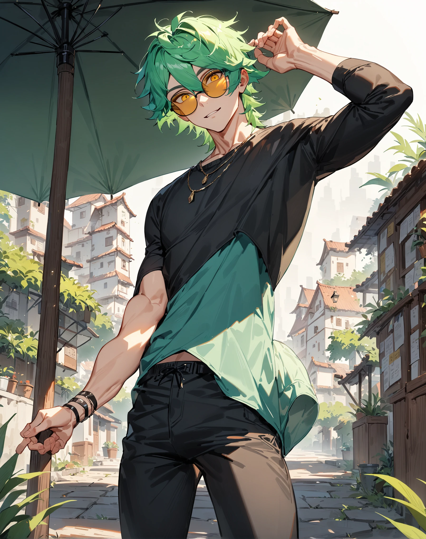 1boy, solo, male only, male focus, cowboy shot, <lora:ezreal_sdxl_lora:0.8>, (ezreal, green hair, yellow eyes), sunglasses, shirt, pants, black shirt, black pants,  outdoors, looking at viewer, masterpiece, best quality, very aesthetic, absurdres, very detailed, sensitive, <lora:Lightning-8:0.5>