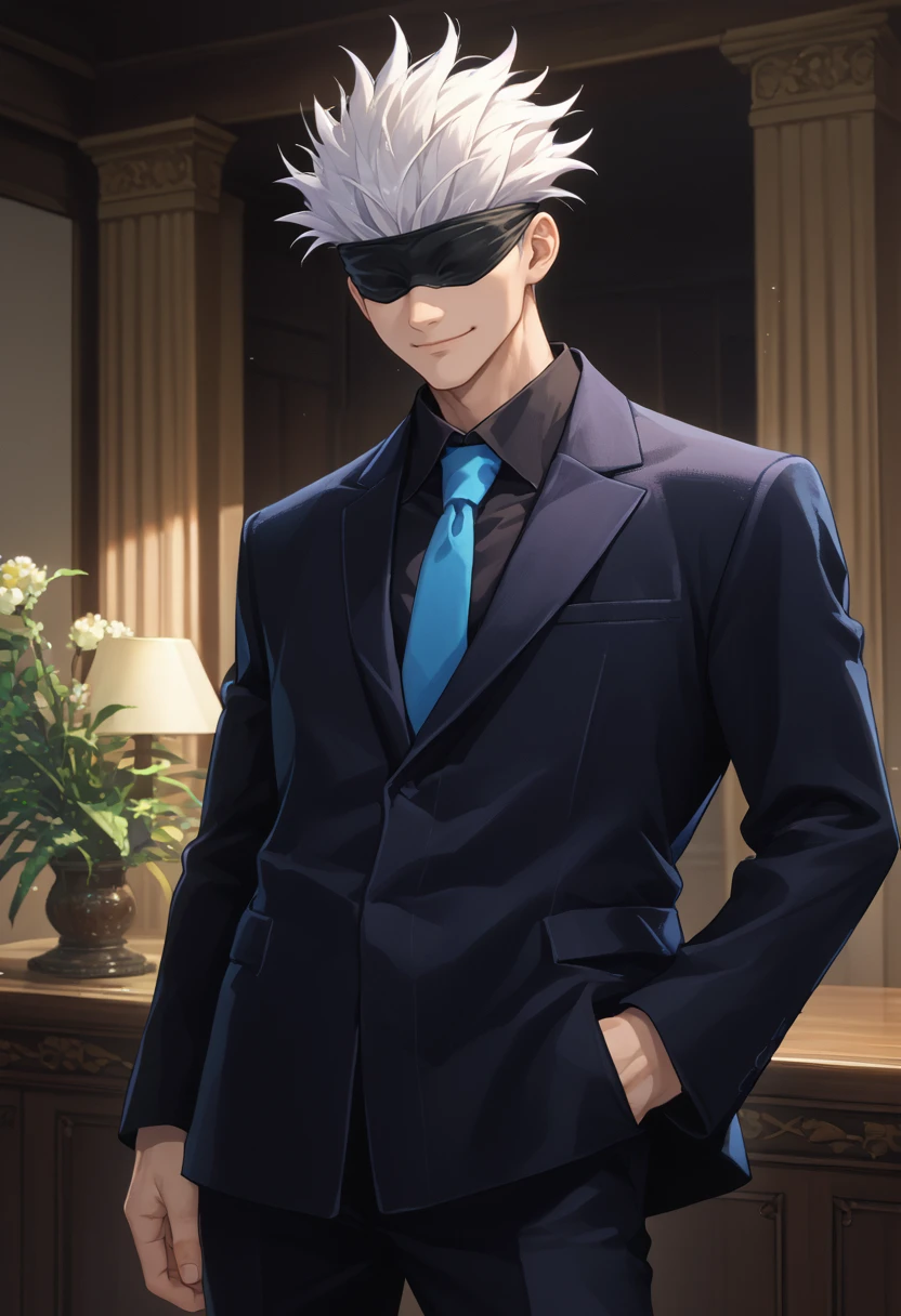 score_9, score_8_up, score_7_up, source_anime, solo, male focus, 1boy, gojo satoru, smile, looking at viewer, standing, hand in pocket, white hair, black blindfold, formal, black suit, black jacket, long sleeves, black shirt, blue necktie, black pants, indoors <lora:jjk_gojo_ponyXL:1>