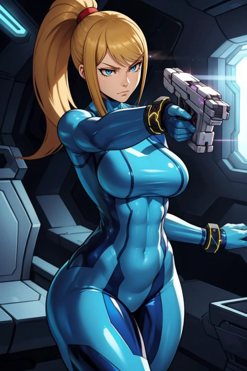 <lora:Metroid_Samus-DEF:0.8> samus, zero suit, solo, ponytail, bracelets, cowboy shot, sci-fi spaceship interior, (holding pistol:1.15, aiming at viewer), muscular female, curvy, shiny latex