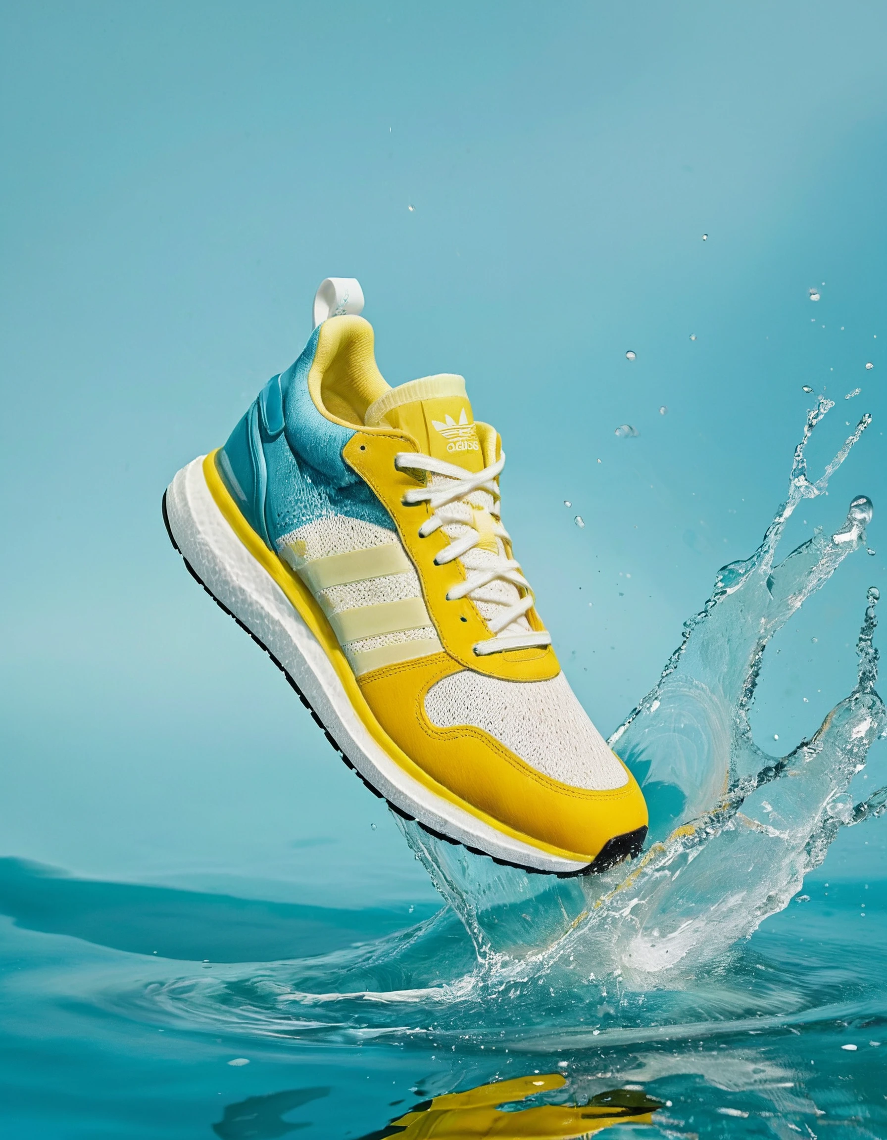 product photo of a single yellow sport shoe mid air, large water splash, blue bakground, by adidas