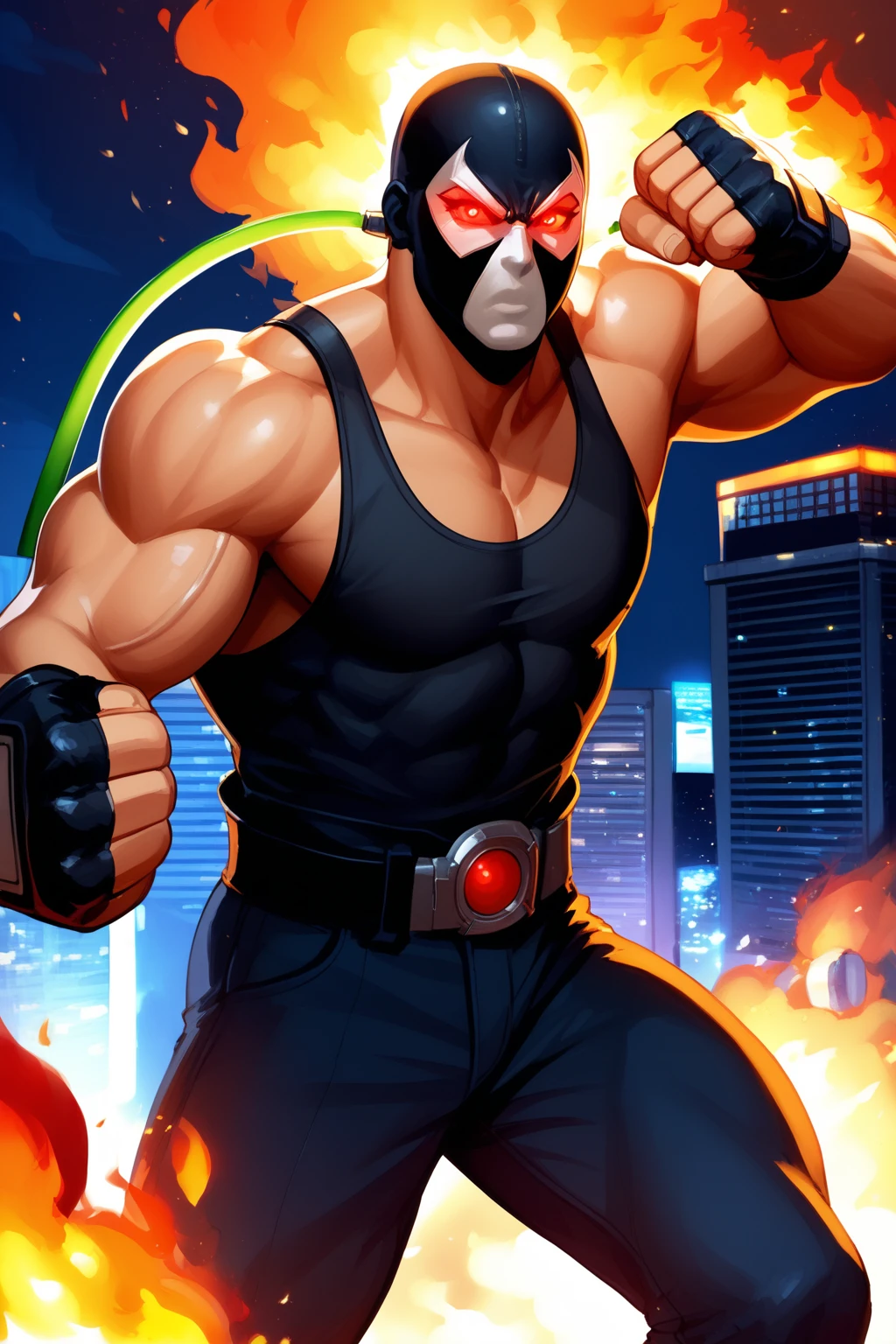 score_9, score_8_up, score_7_up, masterpiece, high quality, BREAK
 <lora:Bane DC ComicsPonyLoRA:1>bne, mask,red eyes, blank eyes, tube, cable, tank top, veins, fingerless gloves, belt, pants, glowing, glowing eyes, fighting, fist fight stance, explosions, fire, city, at night