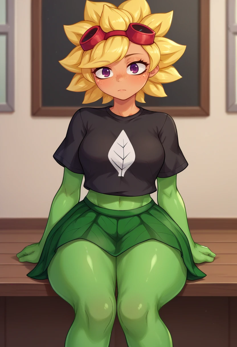 score_9,score_8_up,score_7_up BREAK <lora:solarflare:0.9>,solarflare,solo,short hair,skirt,blonde hair,black shirt,purple eyes,thighs,cowboy shot,clothing cutout,thick thighs,goggles,green skirt,freckles,goggles on head,midriff,green skin,colored skin,room,room background,sitting,