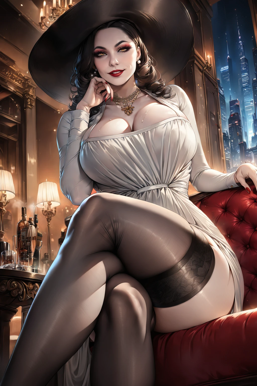 1girl,mature female,milf,sitting,sitting on couch,crossed legs,full body,inside,city,thighhighs,high heels,looking at viewer,on front,head rest,evil smile,seductive smile,expected eyes,from front,from below,huge breasts,narrow waist,wide hips,white dress,black hat,
masterpiece,high quality,highres,absurdres,best quality,epic scene,photography,natural textures,highest quality,8K,Ultra-HD,ultra detail,excessive lactation,<lora:Lady Dimitrescu XL:1>,(((wrinkled skin))),makeup,red lips,necklace,earrings,lipstick,pale skin,black hair,