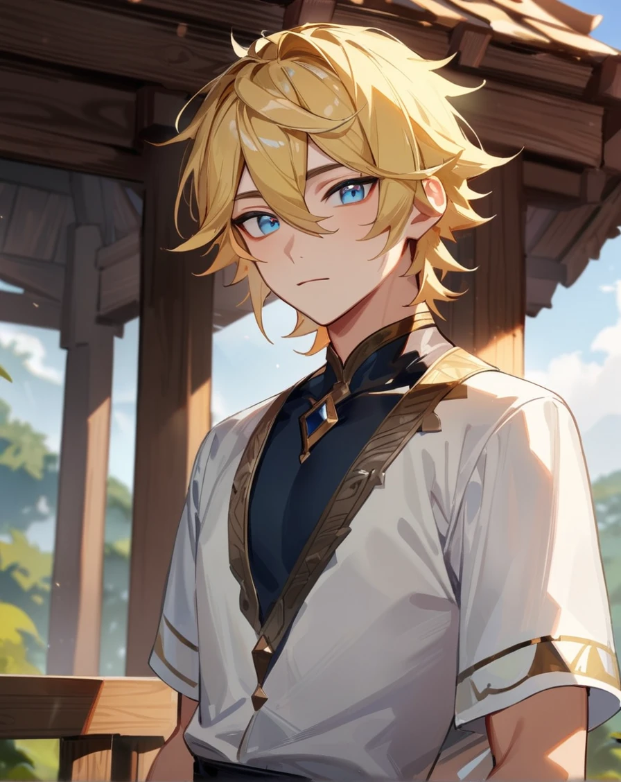 1boy, solo, male only, male focus, upper body, <lora:ezreal_sdxl_lora:1>, (ezreal, blonde hair, short hair, hair between eyes, bangs, blue eyes), outdoors, looking at viewer, masterpiece, best quality, very aesthetic, absurdres, very detailed, sensitive, <lora:Lightning-8:0.5>