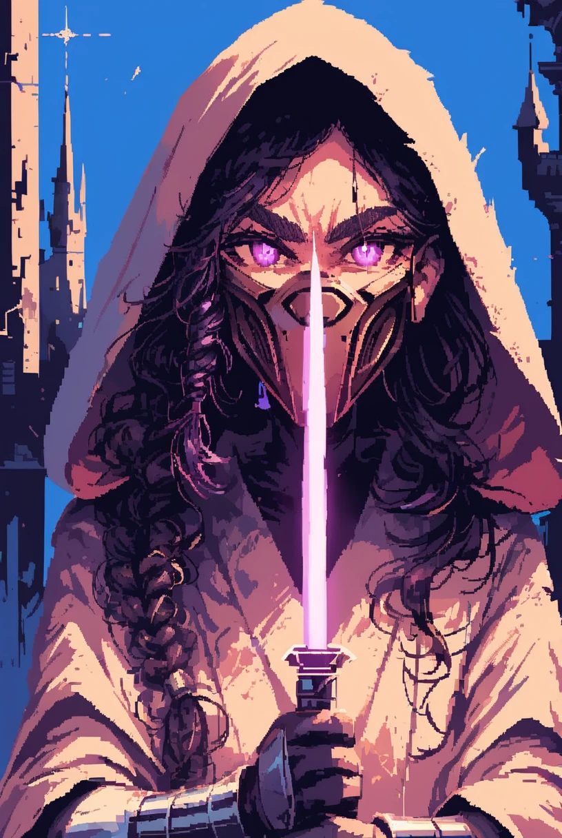 7-SWAnimated, 1girl holding energy sword, solo, looking at viewer, purple eyes, simple background, black hair, long hair, braid, hood, mask, blue background, thick eyebrows, medium close up, bright pupils, hood up, mouth mask, lightsaber, purple dominated artwork, castle in background
[reflections, dark lighting, hyper realistic, 4k, hd, high fantasy, concept art, woof, pixel art]
<lora:Star Wars Animated v1.0:0.8>  <lora:d3p1x3lXLP:1>