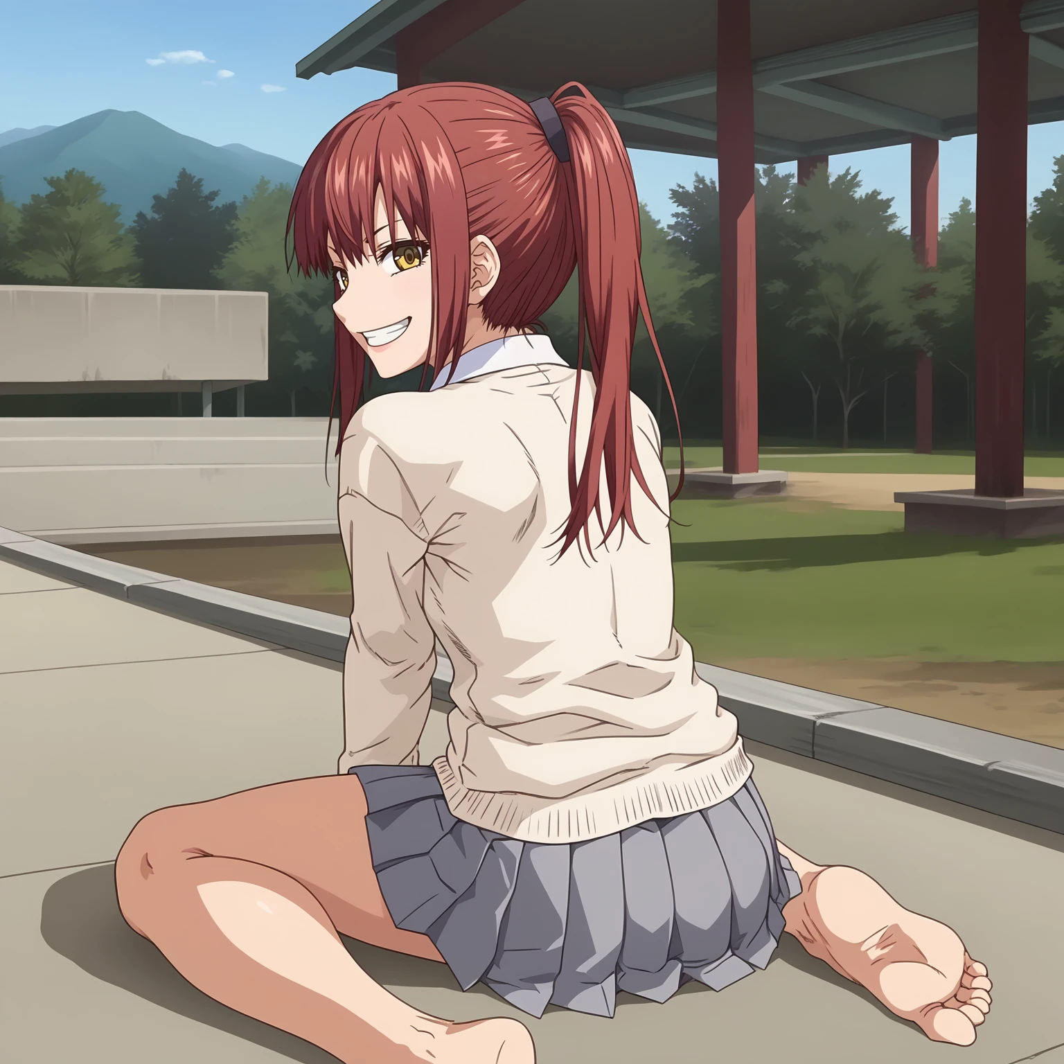 <lora:MichiyoHotoriXLpony001>,
grin,
solo,
MichiyoHotori,1girl,red hair,ponytail,yellow eyes,
school_uniform,sweater,white shirt,
pleated_skirt,gray skirt,
outdoors,
naked leg,full body,sitting,looking back,