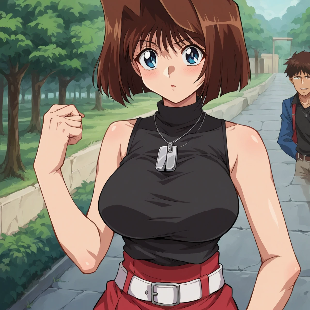 score_9, score_8_up, score_7_up, source_anime, BREAK, uncensored,  <lora:Anzu_Mazaki:1>, brown hair, short hair, blue eyes, large breasts, black turtleneck shirt, sleeveless, red skirt, dog tag necklace, standing,  looking at viewer, 1girl, solo, curvy, voluptuous, outdoors, white belt