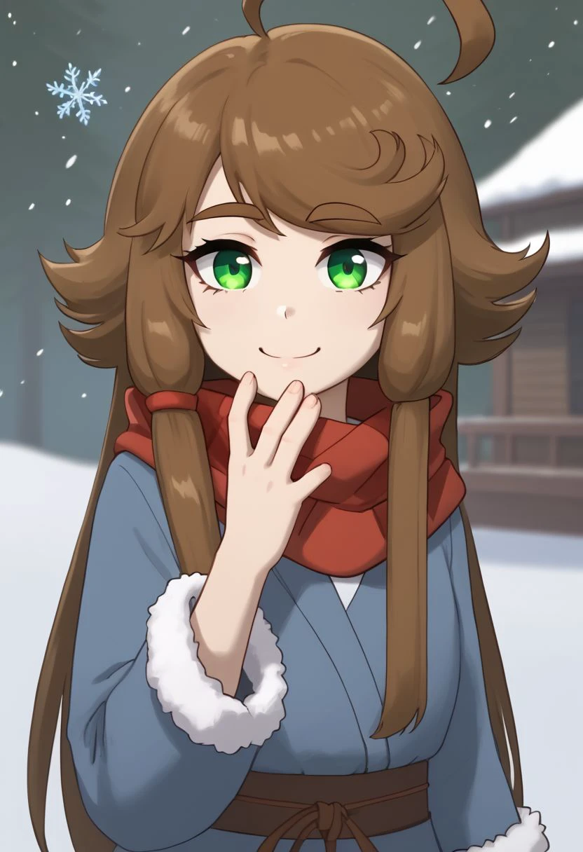 1girl, solo, Blu, brown hair, green eyes, sidelocks, hair ornament, ahoge, huge ahoge, long hair, thick eyebrows, thick eyelashes, fur-trimmed dress, scarf, snow, snowflakes, povcheekgrabbing, solo focus, hand on another's face, close-up, looking at viewer, pov, salute, smile, closed mouth