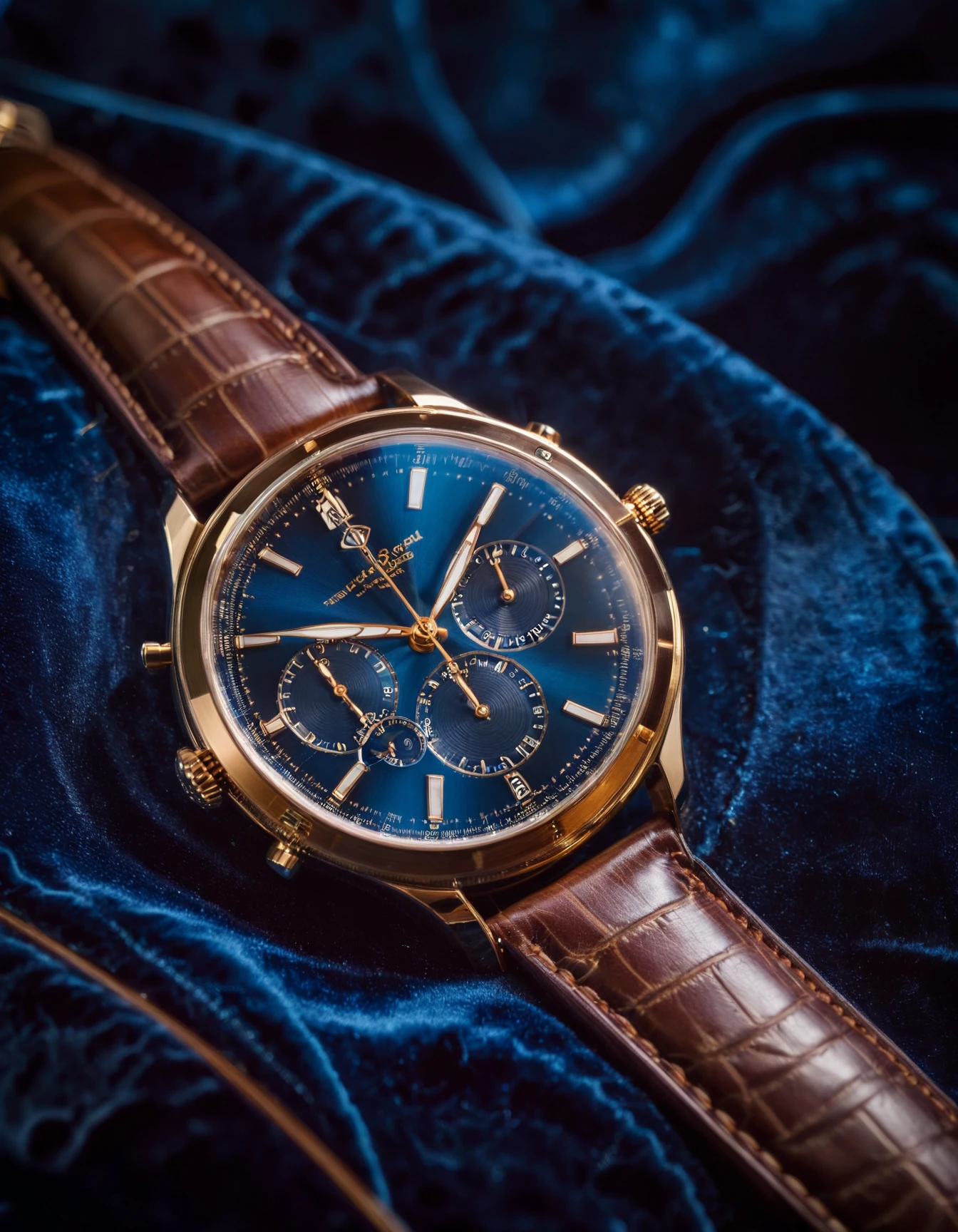 (extreme close-up shot) of a luxury wristwatch with brown leather and brass floting mid air, on a blue velvet backdrop, classic and elegant background, studio lighting, blue tones, 