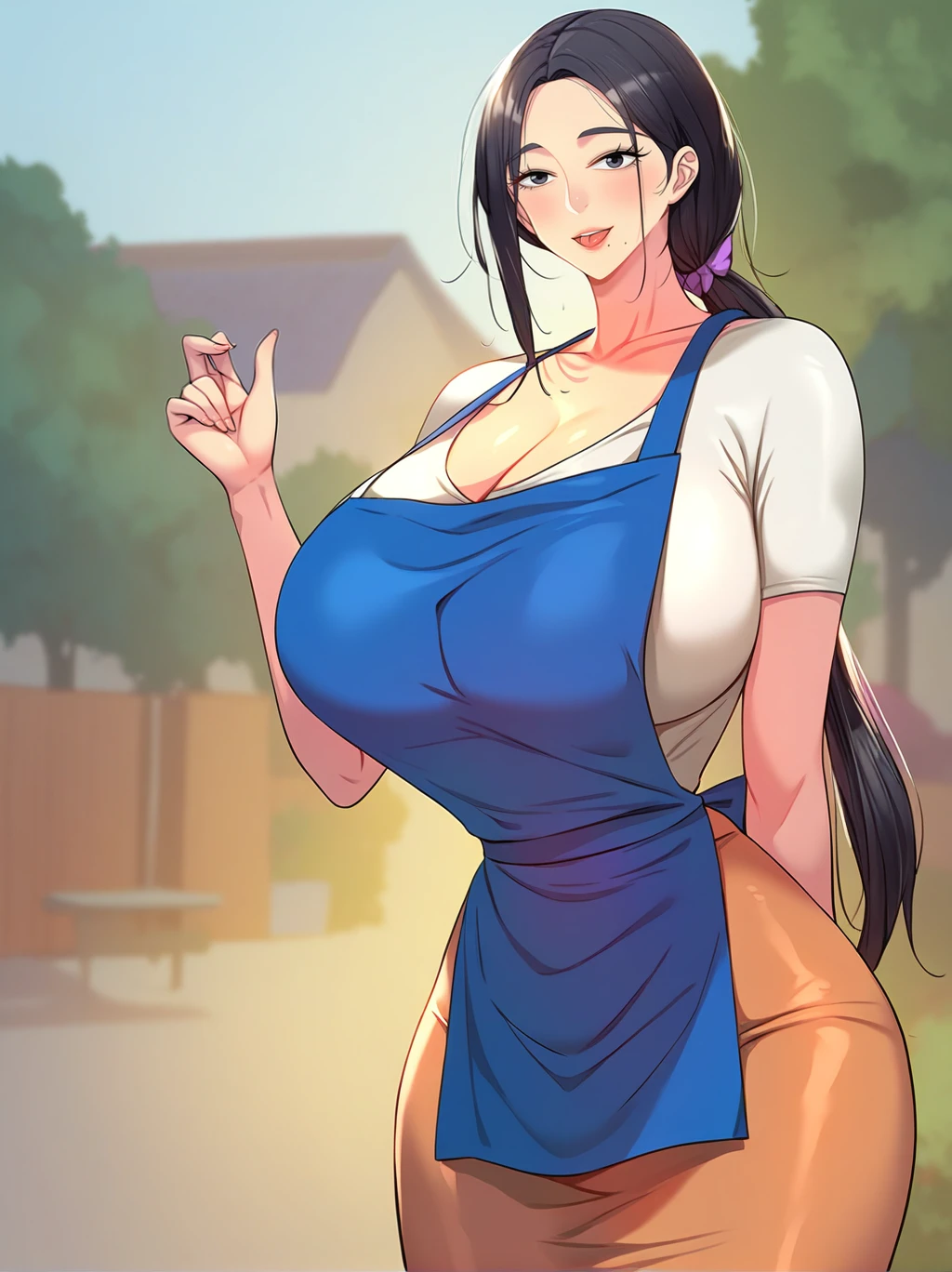 score_9, score_8_up, score_7_up, score_6_up, BREAK, source_anime, 1girl, solo, Jin_Hee_Choi,<lora:JinHeeChoi_v1:1>, black eyes, black hair, ponytail, mole under mouth, mature female, curvy, smile, black hair, cleavage, standing, blue apron, white shirt, ponytail, long skirt, brown skirt, hand up, looking at viewer, (cowboy shot), outdoor, backyard, blurry background,