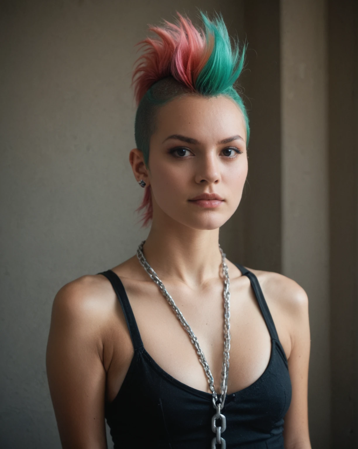 punk outfit, colored Mohawk hair, chain necklace, atmospheric, cinematic, high detail, masterpiece, photo, raw,realistic, score_9, score_8_up, score_7_up, score_6_up, photo, raw, realistic