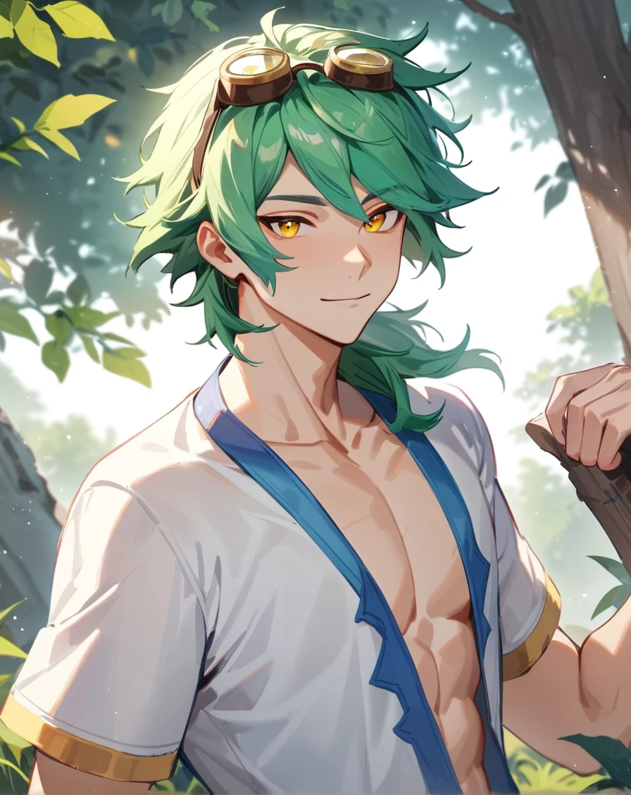 1boy, solo, male only, male focus, upper body, <lora:ezreal_sdxl_lora:1>, (ezreal, green hair, yellow eyes), googles, outdoors, looking at viewer, masterpiece, best quality, very aesthetic, absurdres, very detailed, sensitive, <lora:Lightning-8:0.5>