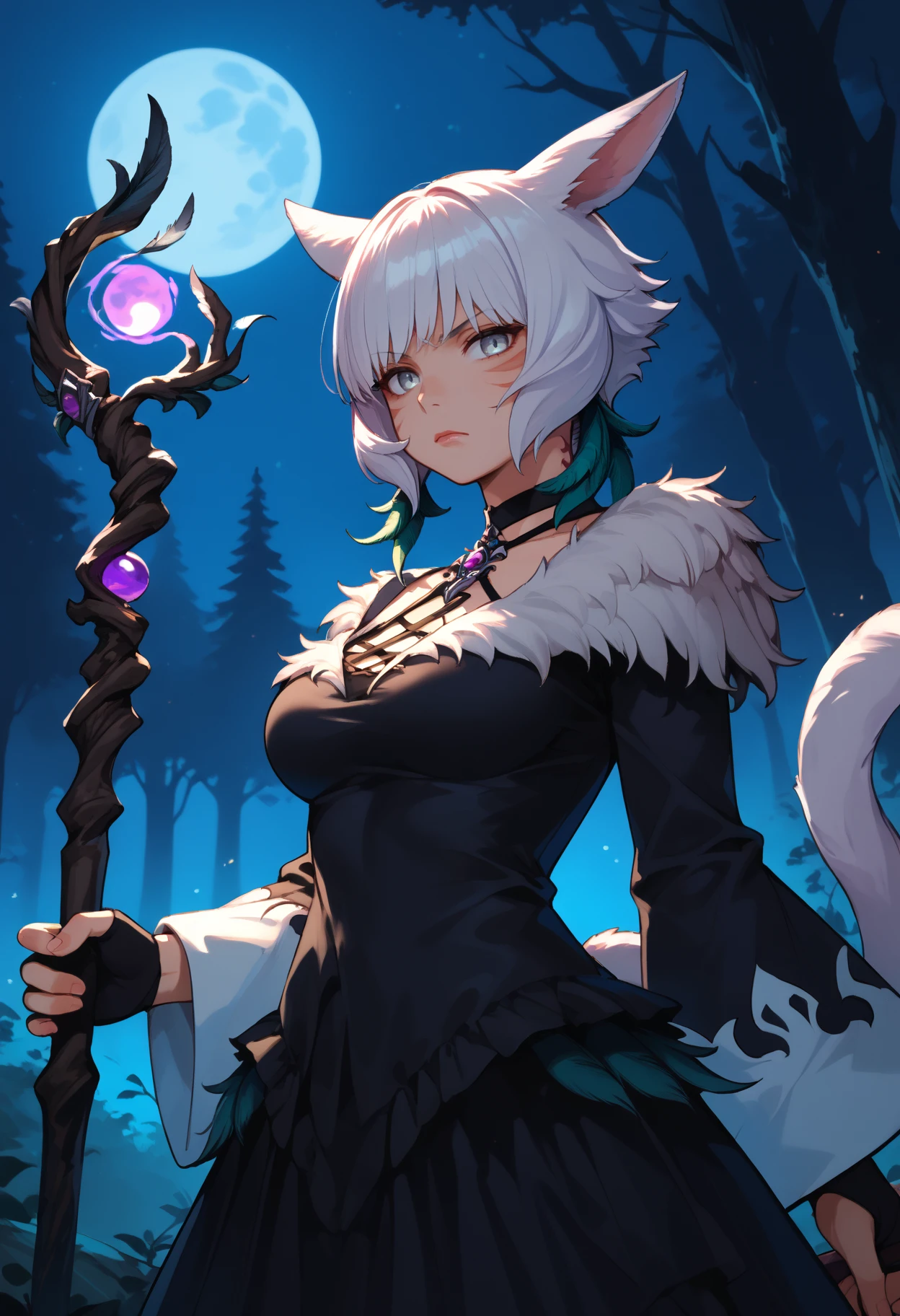 score_9, score_8_up, score_7_up, 1girl, solo, shtla, dark-skinned female, animal ears, tail, whisker markings, short hair, large breasts, <lora:YshtolaRhulPDXL_V1-Manityro-CAME:1.0>,
grey eyes, white hair, shaOtft, feather earrings, feathers, brooch, black halterneck, black choker, black dress, long dress, fur-trimmed dress, wide sleeves, black gloves, partially fingerless gloves, claw ring, 
looking at viewer, serious, holding staff, wood staff,
outdoors, dark, night, moon, spooky forest, purple magic, purple aura