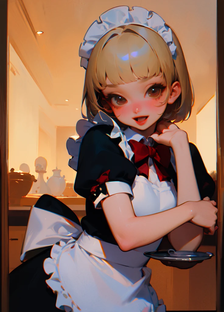 (masterpiece, best quality:1.4)  <lora:PetraVoice1.51:0.8> best texture, upper body, 1girl, solo, bob cut, blond hair, bangs, brown eyes, smile, looking at viewer, cheek, open mouth,
best quality, (maid costume:1.1), (maid headdress:1.1), short sleeves, leaning forward, hugging wooden tray, Serving coffee mug, red bowtie, (frilled maid apron:1.2), long frilled skirt, 
(super detailed:1.2), absurdres absolutely resolution, luxury interior, european masion, european architecture, table, dutch cultual art, picture frame, morning lighting