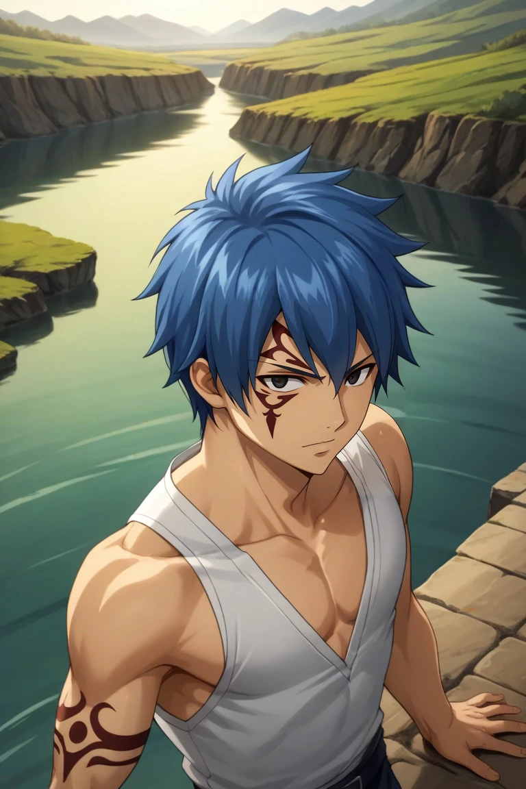 score_9, score_8_up, score_7_up, source_anime, rating_safe, , semi-realistic, looking at viewer, , 1boy, solo, male focus, <lora:jellal_fernandes_pony:0.9>, jellal_fernandes, blue hair, black eyes, short hair, tattoo, facial mark, from above, lake city, dark, (dynamic pose), giggling, ,, <lora:sdxl_lightning_8step_lora:1>