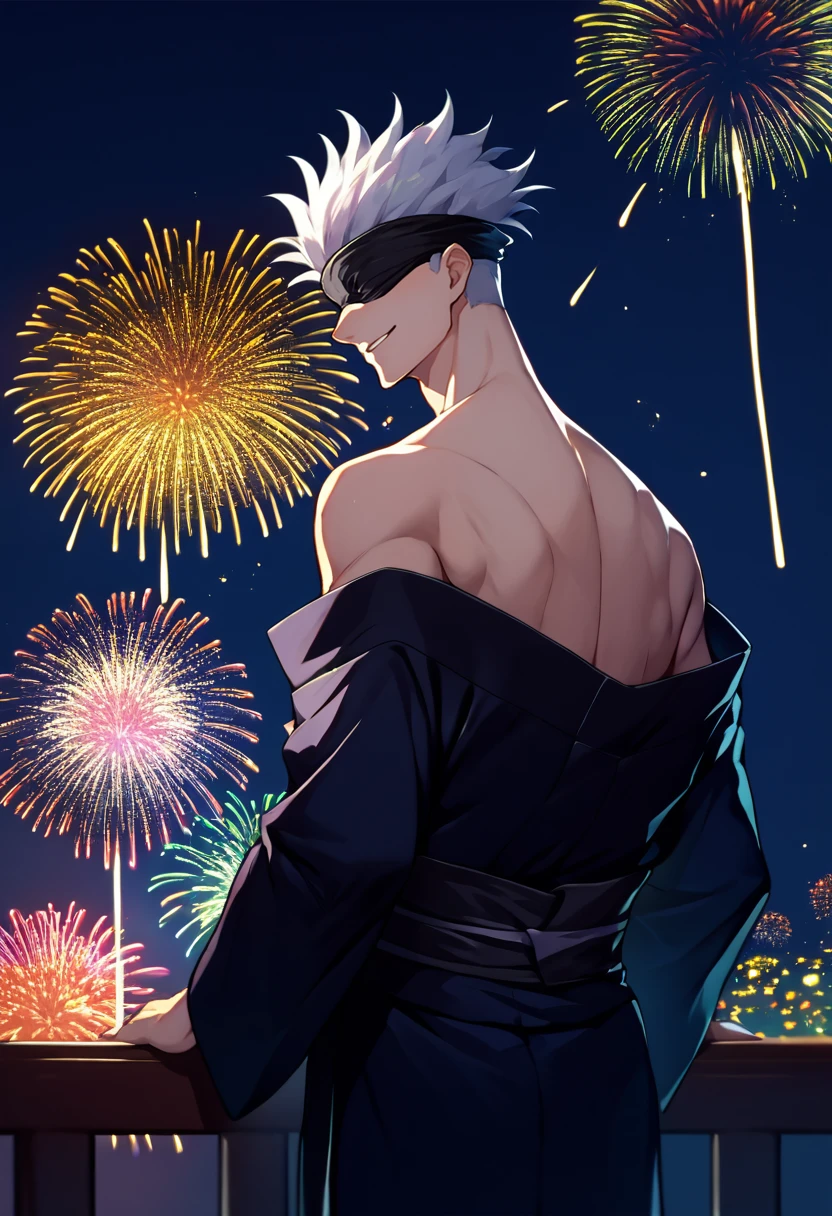 score_9, score_8_up, score_7_up, source_anime, from behind, solo, male focus, 1boy, gojo satoru, smile, looking back, white hair, black blindfold, japanese clothes, black kimono, off shoulder, bare shoulders, fireworks <lora:jjk_gojo_ponyXL:1>