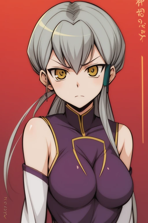 2010s (style), year 2010, anime_art_style, cartoon,masterpiece,high quality,cardfight!! vanguard, jillian chen, 1girl, solo, long hair, detached sleeves, yellow eyes, grey hair, looking at viewer, bare shoulders,dress,  frown, breasts, upper body<lora:Jillian_Chen:0.9> <lora:add_detail:0.5> <lora:hyperdetailer_v095:0.5>