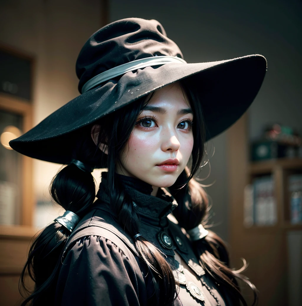 hunter \(bloodborne\),hat,long hair,black hair,
(cute half-asian girl),26yo,twintails,
(masterpiece, best quality),