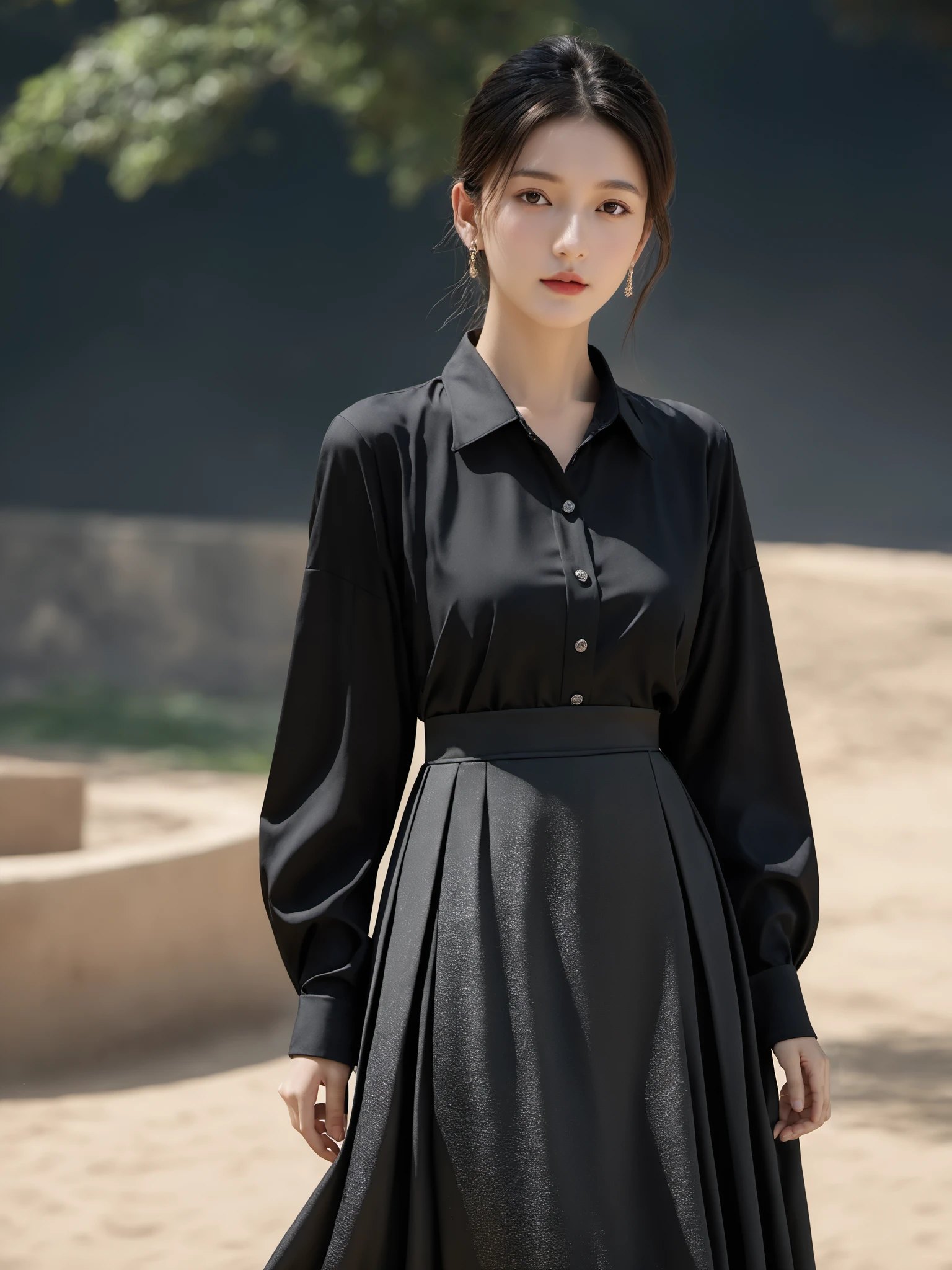 Realistic,Masterpiece,18 - year - old , Super High Resolution, (reality: 1.4) , 1girl, full body shot, Half skirt, shirt, black color, outdoor, realistic,hands,realistic,depth of field,  wearing majien long dress,<lora:Jay-MajienXL:0.8>, (best quality:1.3)