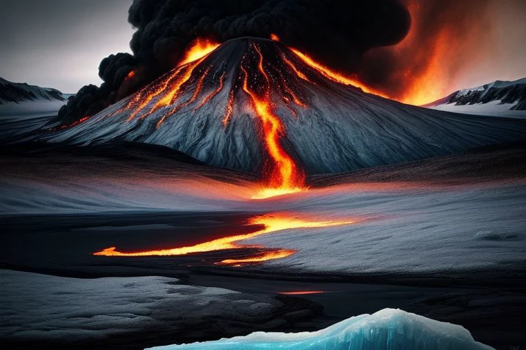 Fire and ice depicted in close proximity, emphasizing the contrast between them.
Use warm and cool colors to emphasize the contrast in temperature.
Fire and ice textures should be distinct and contrast with each other.
Dynamics:
The image should show movement and energy, symbolizing the struggle between the two elements.
Fire can be seen spreading and ice can crack or melt.
Dynamic lines and shapes can be used to emphasize movement.
Symbolism:
The image can symbolize various concepts, such as:
The fight between good and evil
The power of nature
Change and transformation
The cycle of life and death
Scenes:
Fire and ice clashing in a natural environment, for example:
An erupting volcano surrounded by glaciers
Molten lava flowing down an icy slope
Forest fire raging among snowy forests
Fire and ice used in a human context, for example:
Blacksmith working with red-hot metal
Emotion:
Fear and excitement
Beauty and majesty
Calm and reflection
Use colors, composition and lighting to convey the desired emotion.
Sample prompt: