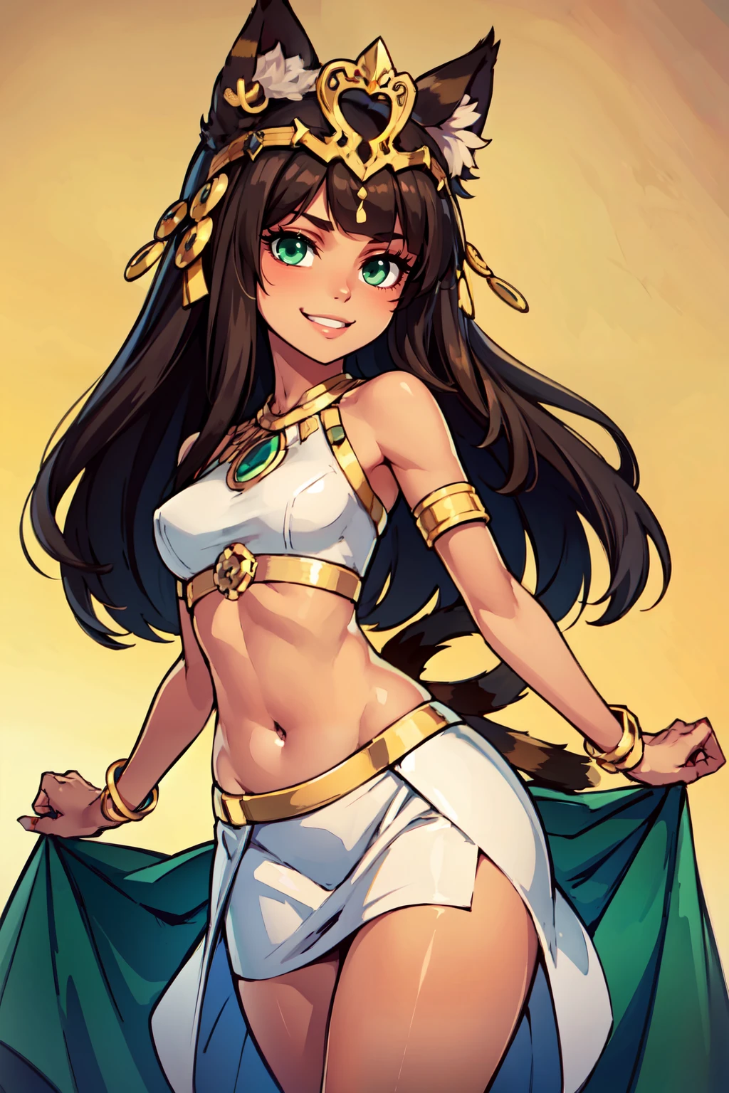 ((masterpiece,best quality)), absurdres,   <lora:Bastet_v2:0.7>, zzBastet, brown hair, green eyes, tiara,  white skirt, white crop top, medium breasts, ankle lace-up, cat ears, dark skin, jewelry, midriff, very long hair, cat tail, wide hips, curvy, smile, looking at viewer, smug,