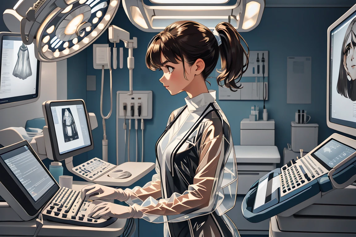 (RAW photo, best quality,facing the viewer,from front), operating room, overhead surgical light,blurred background, focused, dithering,backlighting,
 <lora:CM_Doctor_Latex_Ultrasound_V2.0-000004:0.9> doctor latex ultrasound, 1girl, solo, see-through, instrument, bodysuit, intravenous drip, computer, keyboard (computer),doctor, 
<lora:Klaviana_V1.0:0.7> klaviana,brown hair, brown eyes,folded ponytail, 1990s (style),