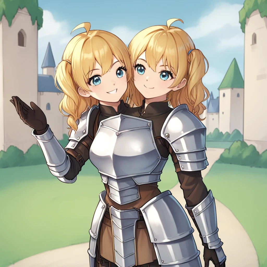 source_anime, score_9, score_8_up, BREAK two heads, conjoined, 1girl, armor, castle, smile