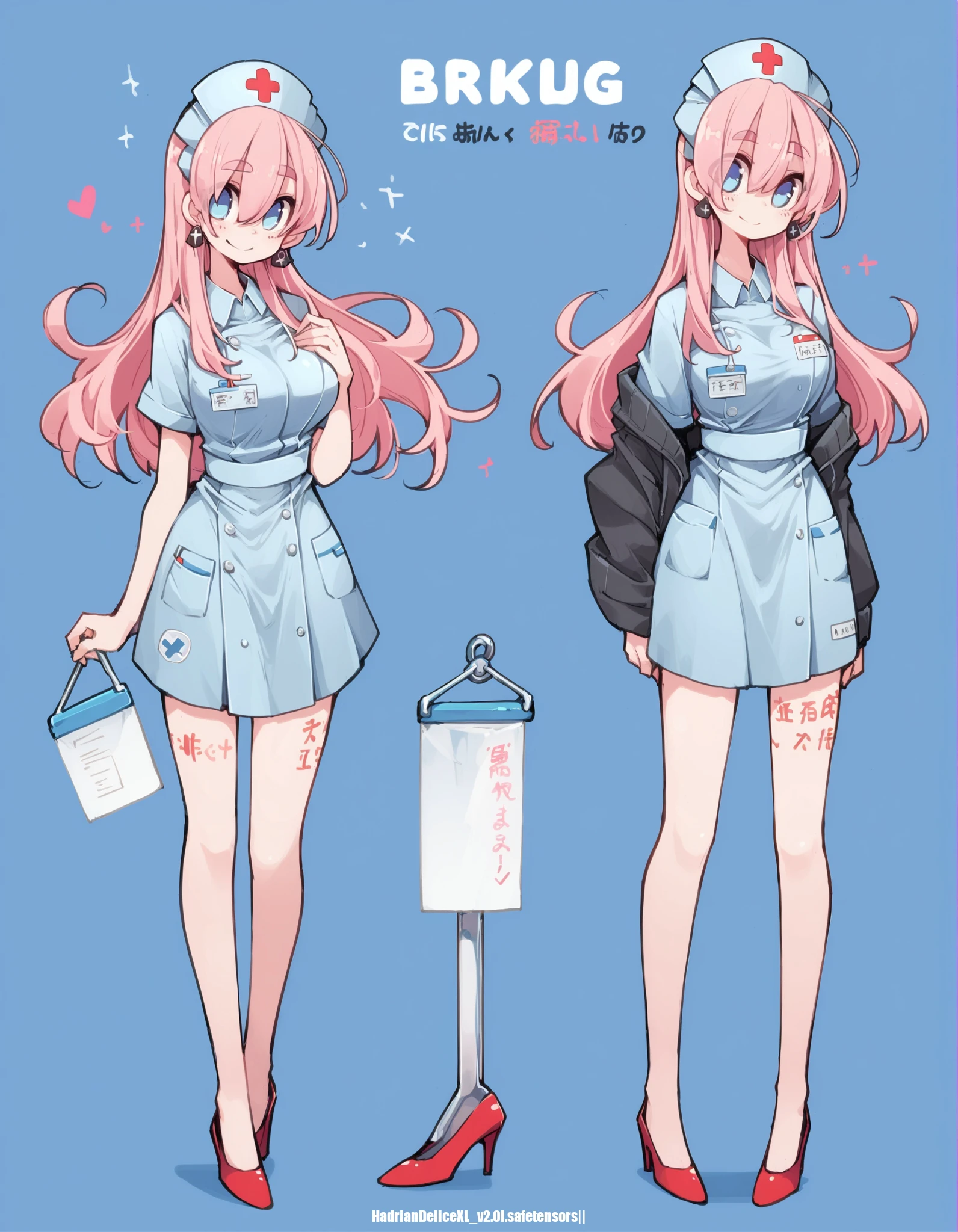 score_9,score_8_up,score_7_up,score_6_up,score_5_up, hd5,tnsk,uncensored,, simple background, 1girl,multiple views,full body,smile,body writing, large breasts,stiletto heels, long hair,pink hair,blue eyes,forked eyebrows, nurse,