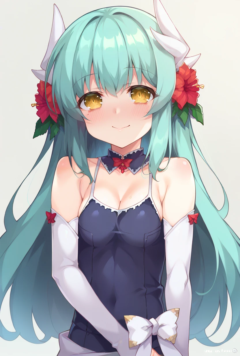 score_9,score_7_up,  <lora:kiyohime_(lancer)_XL_1:1>  bbkiyo, long hair, aqua hair, white horns, hair flower, red flower, yellow eyes, detached collar, cleavage, school swimsuit, blue one-piece swimsuit, elbow gloves, white gloves, sash, blush, smile,  white sash  <lora:aoi-masamiStyle-PonyXL-Dora-000034:1>