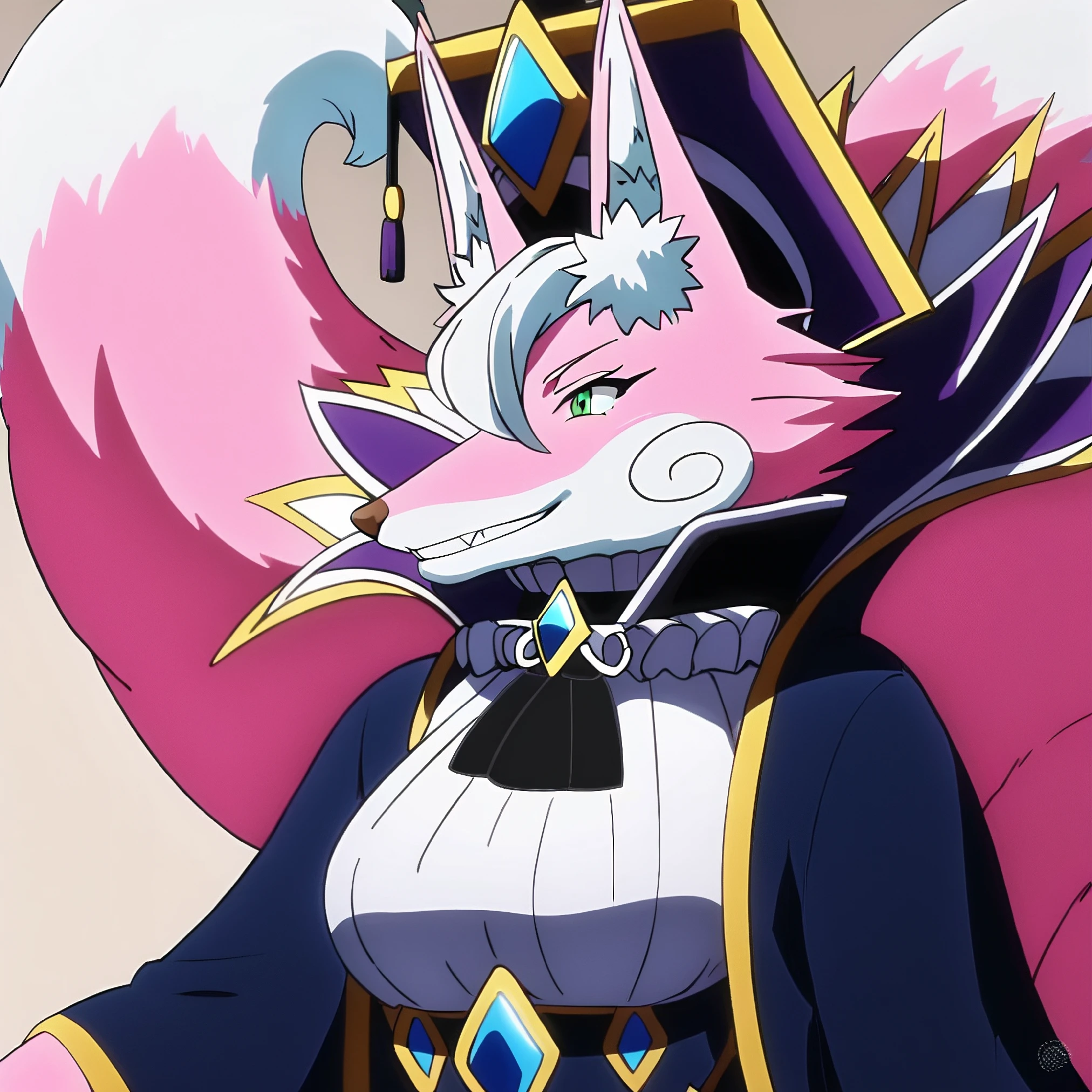 score_7_up, best quality, masterpiece, solo, 1girl, furry female, furry, multiple tails, fox ears, fox girl, breasts, frills, black ascot, mystical high collar, graduate hat, grin, green eyes, teeth, two-tone fur, pink fur, white fur, animal ear fluff, wide sleeves,