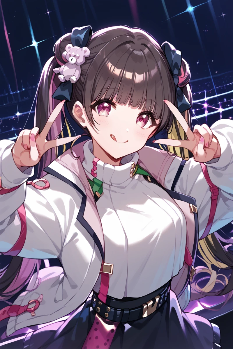 score_9, score_8_up, score_7_up, score_6_up, 1girl,
 <lora:Kaibara_Michiru:0.9> michiru, twintails, long hair, bangs, white jacket, double v, smile, tongue, color lights, club stage,