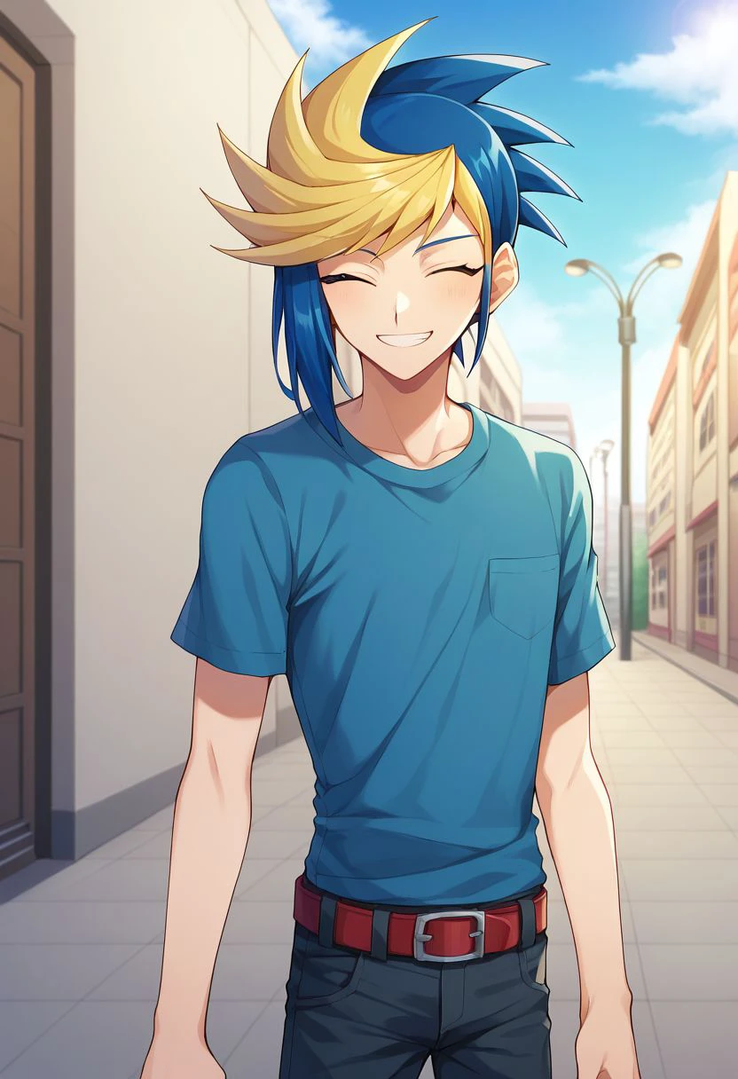 score_9, score_8_up, score_7_up, source_anime, highly detailed,
yugo, 1boy, solo, male focus, multicolored hair, blue hair, blonde hair, dyed bangs, two-tone hair, t-shirt, blue t-shirt, pants, smile, belt, upper body, smile, wink,
outdoor, street, sky,