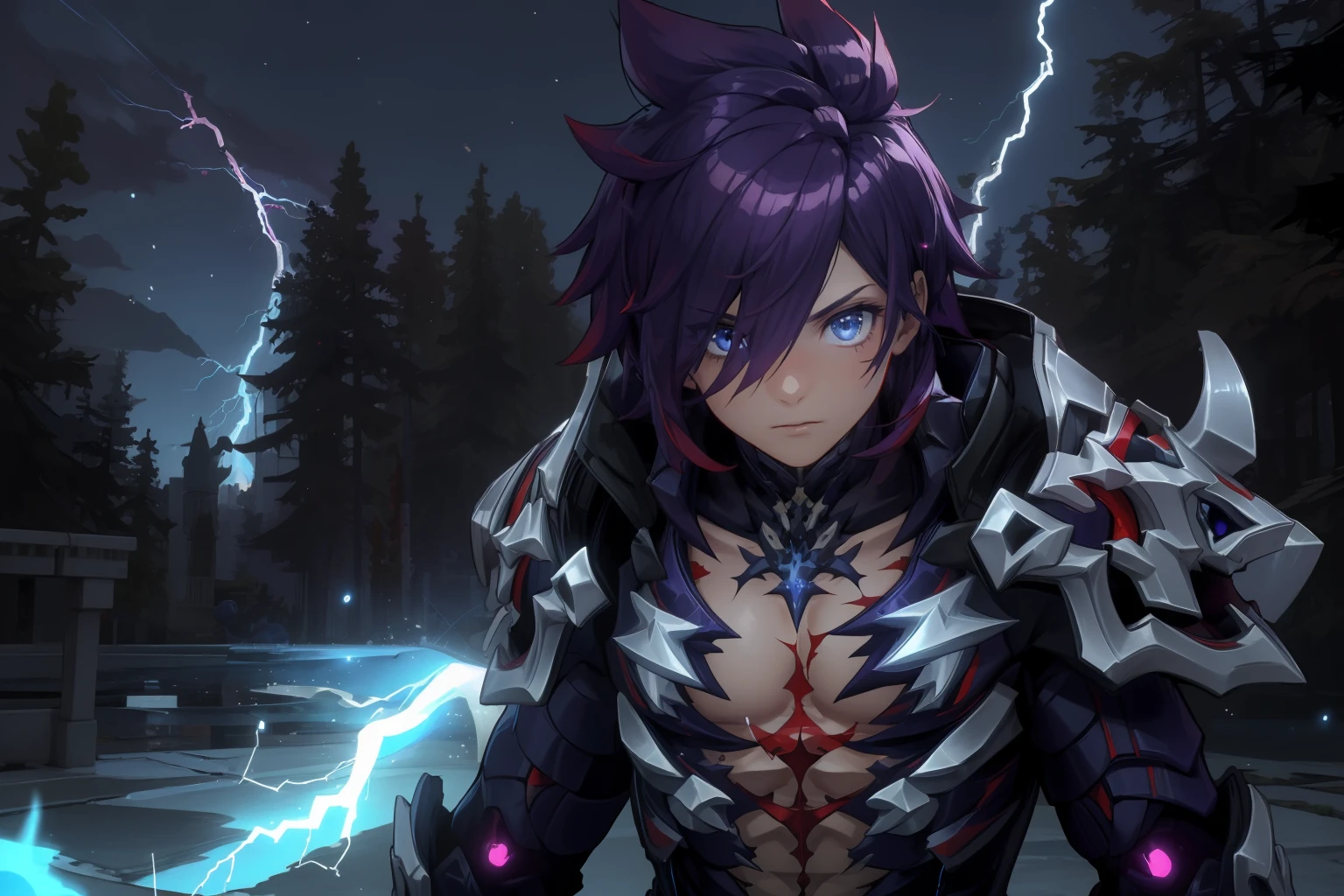 masterpiece, best quality, ultra-detailed, 1boy, solo, thanatos_rom, fierce, agony,  scar on chest, fighting stance, purple aura, close-up, looking at viewer,  light particles, lightning, Chill of twilight theme, vivid colors, dark and magical atmosphere,
<lora:thanatos-rom-10:0.8>, <lora:add_detail:0.5>