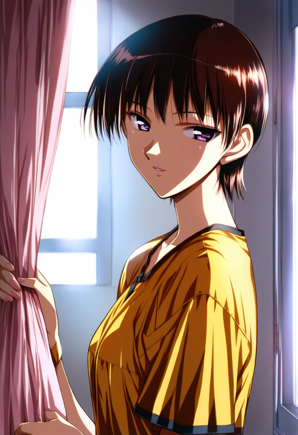 <lora:takano_akira_ponyxl_v2:0.9>, takira, short hair, dark red hair, brown hair, purple eyes, half-closed eyes, solo, looking at viewer, standing, parted lips, light smile,
yellow shirt, looking at viewer, window, pink curtains,
backlighting, score_9, score_8_up, score_7_up, score_6_up, anime coloring, uncensored, <lora:UrushiharaSatoshi_XL_PONY_V2:0.4>